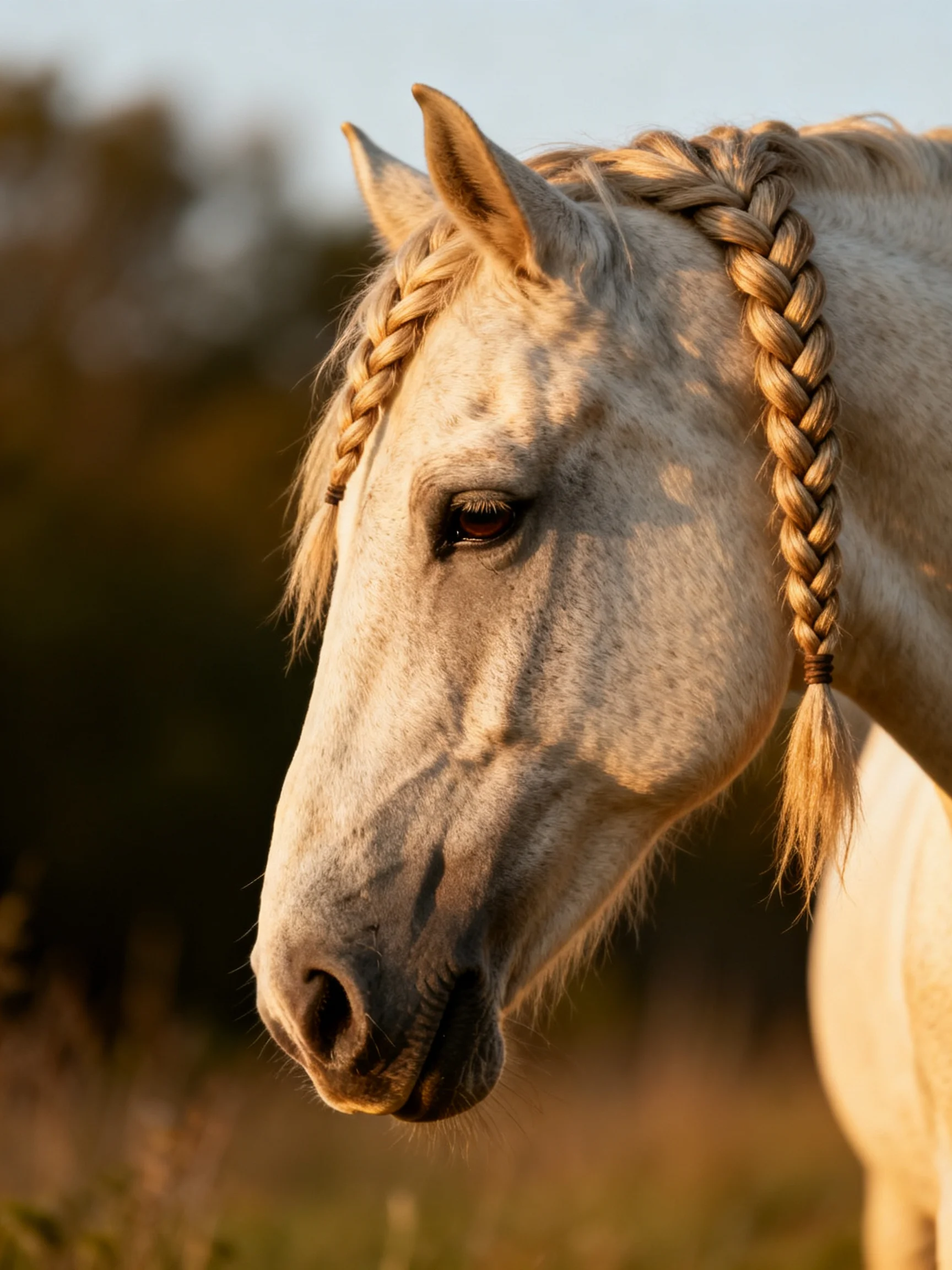 A white horse with braided mane in a sunlit field