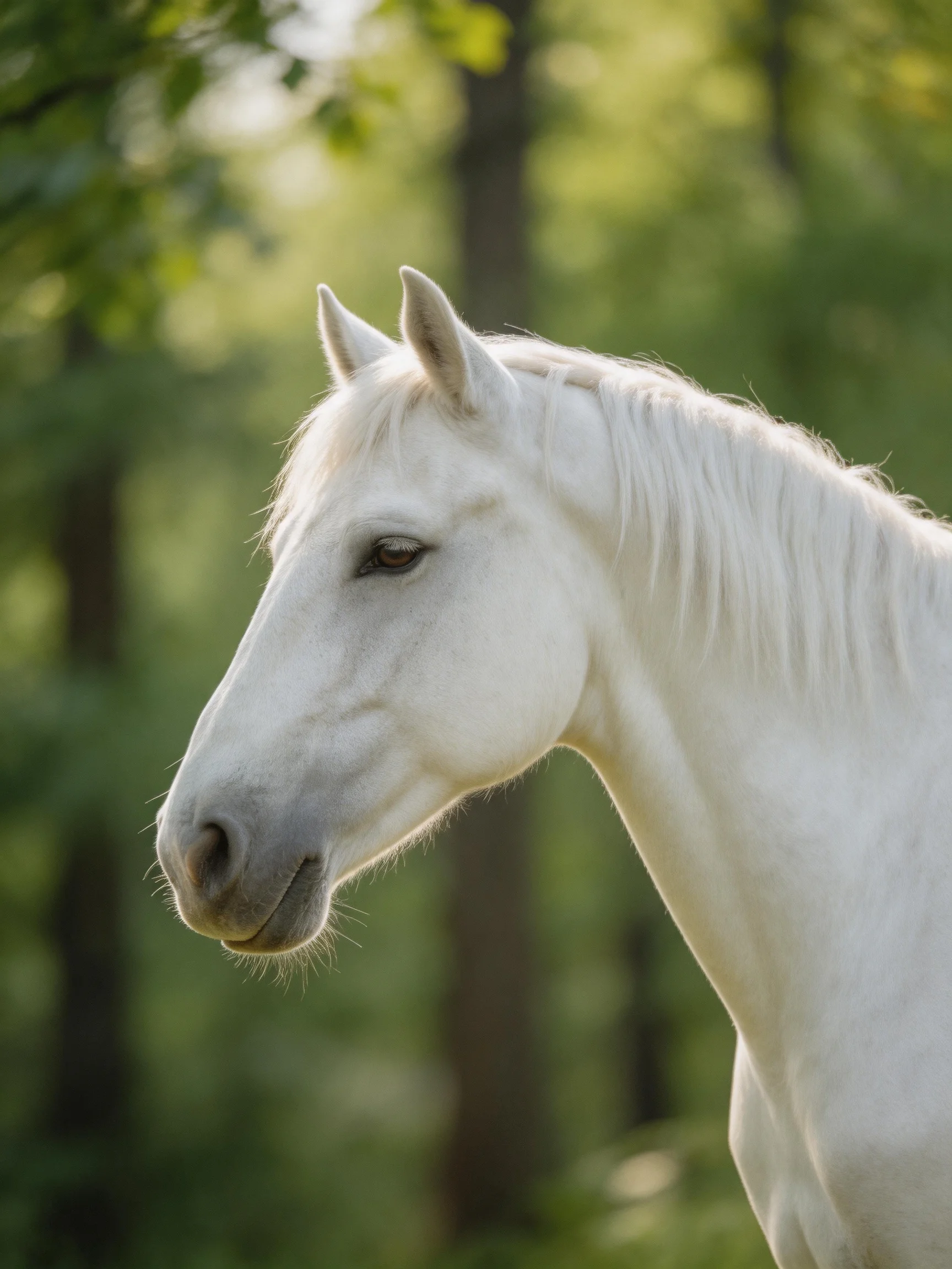 A white horse with braided mane in a sunlit forest
