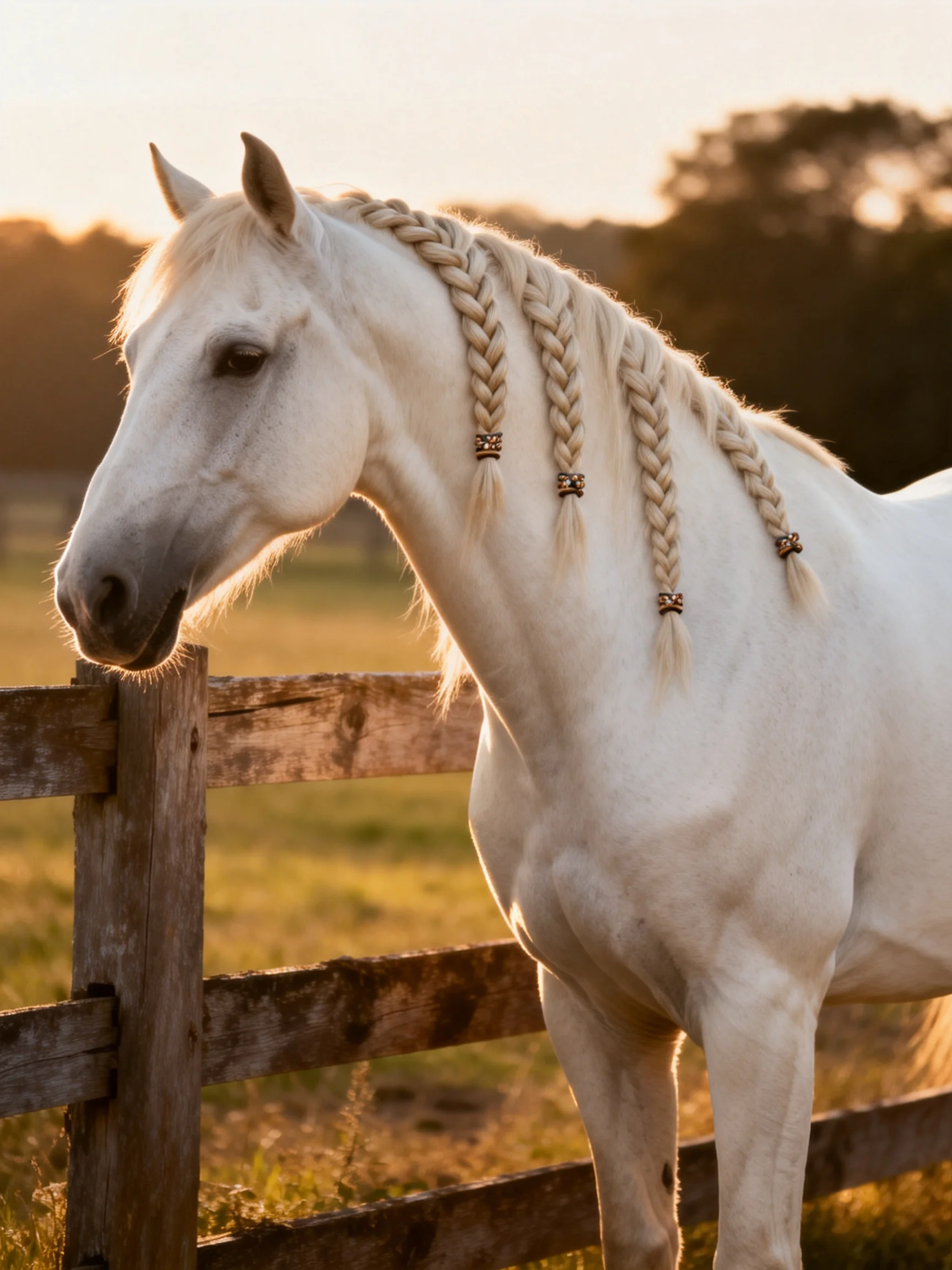 A white horse with braided mane near a weathered wooden fence at sunset