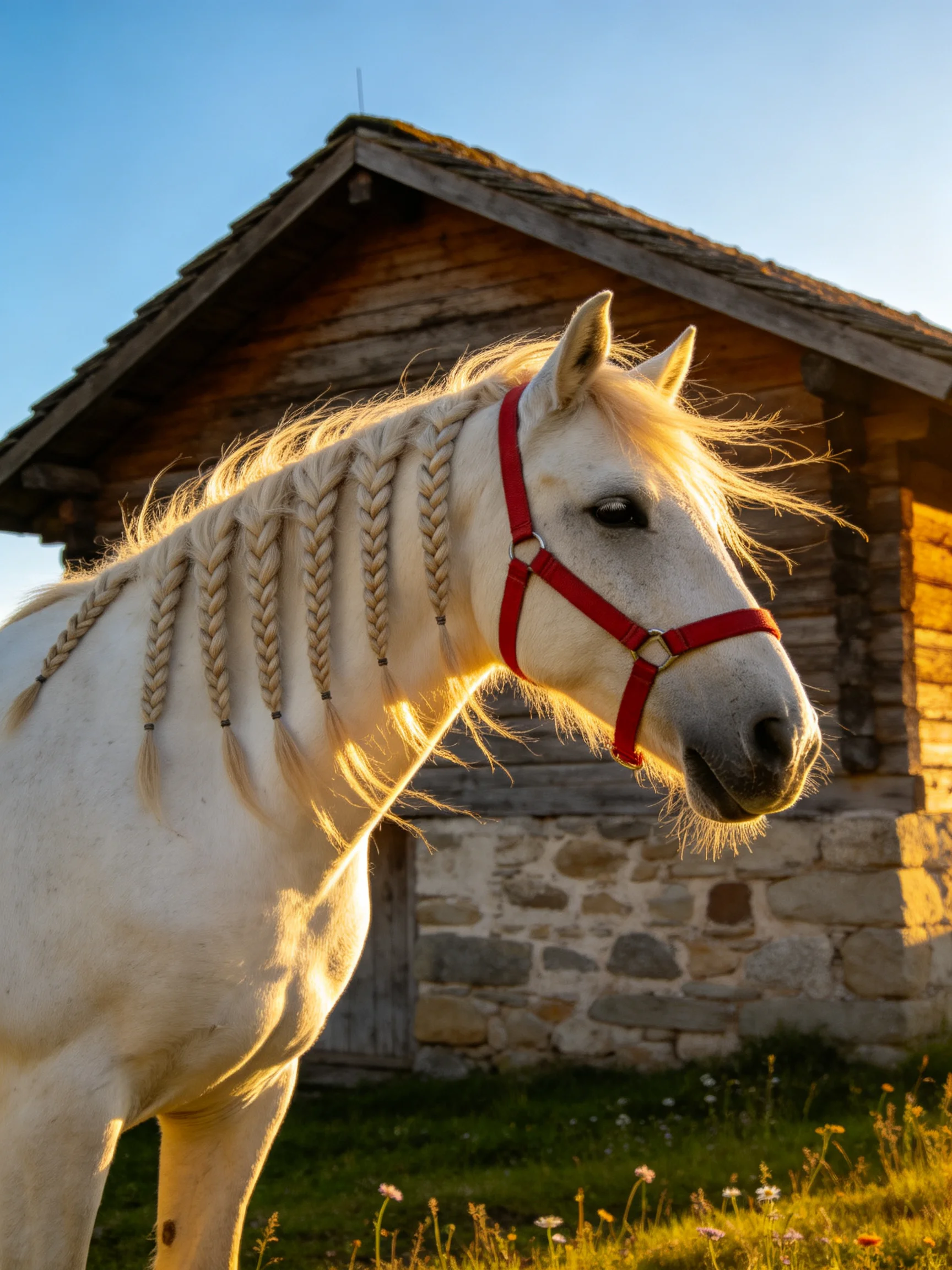 A white horse with braided mane near an old wooden cabin