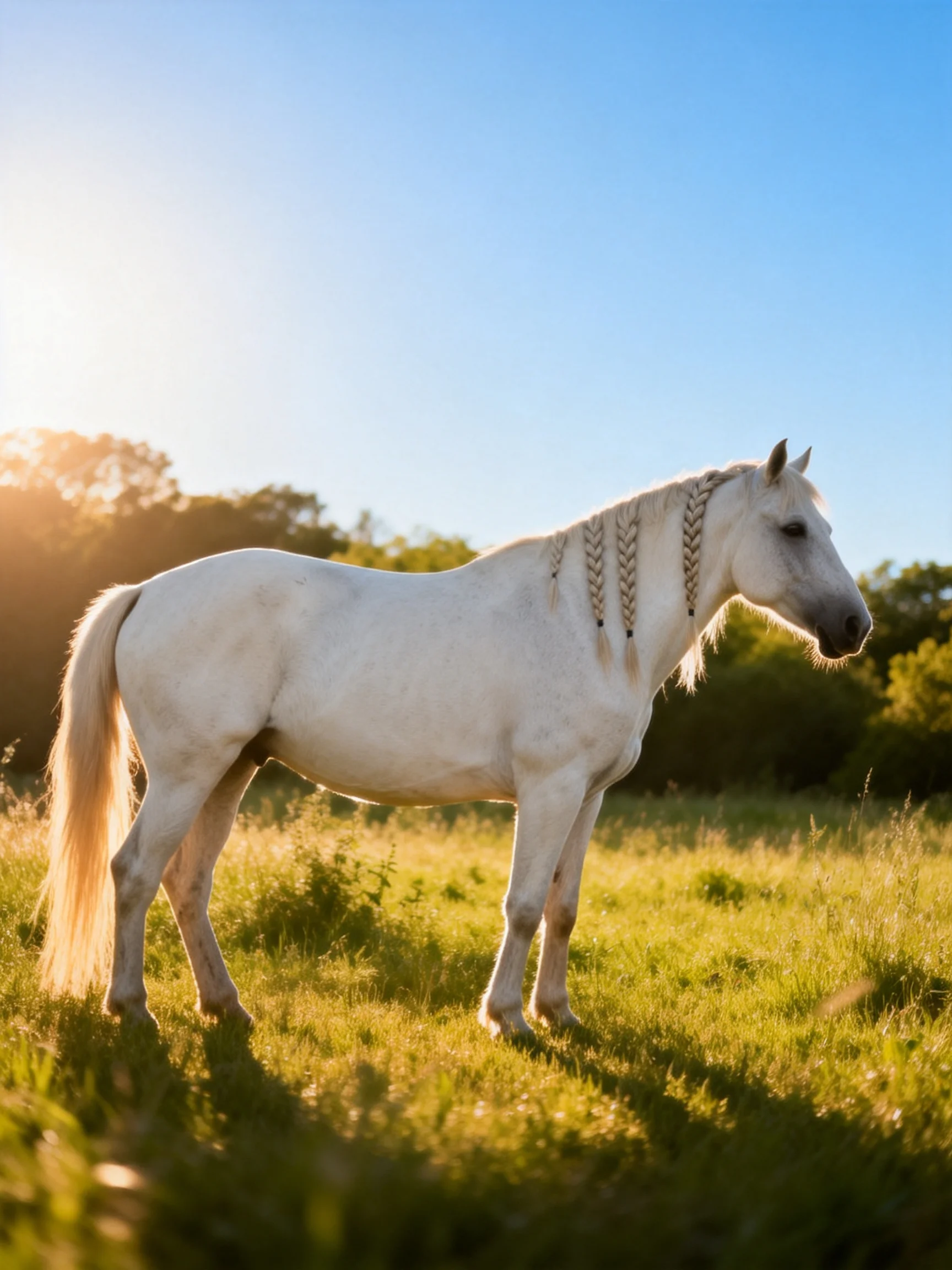A white horse with braided mane stands in a sunlit green meadow
