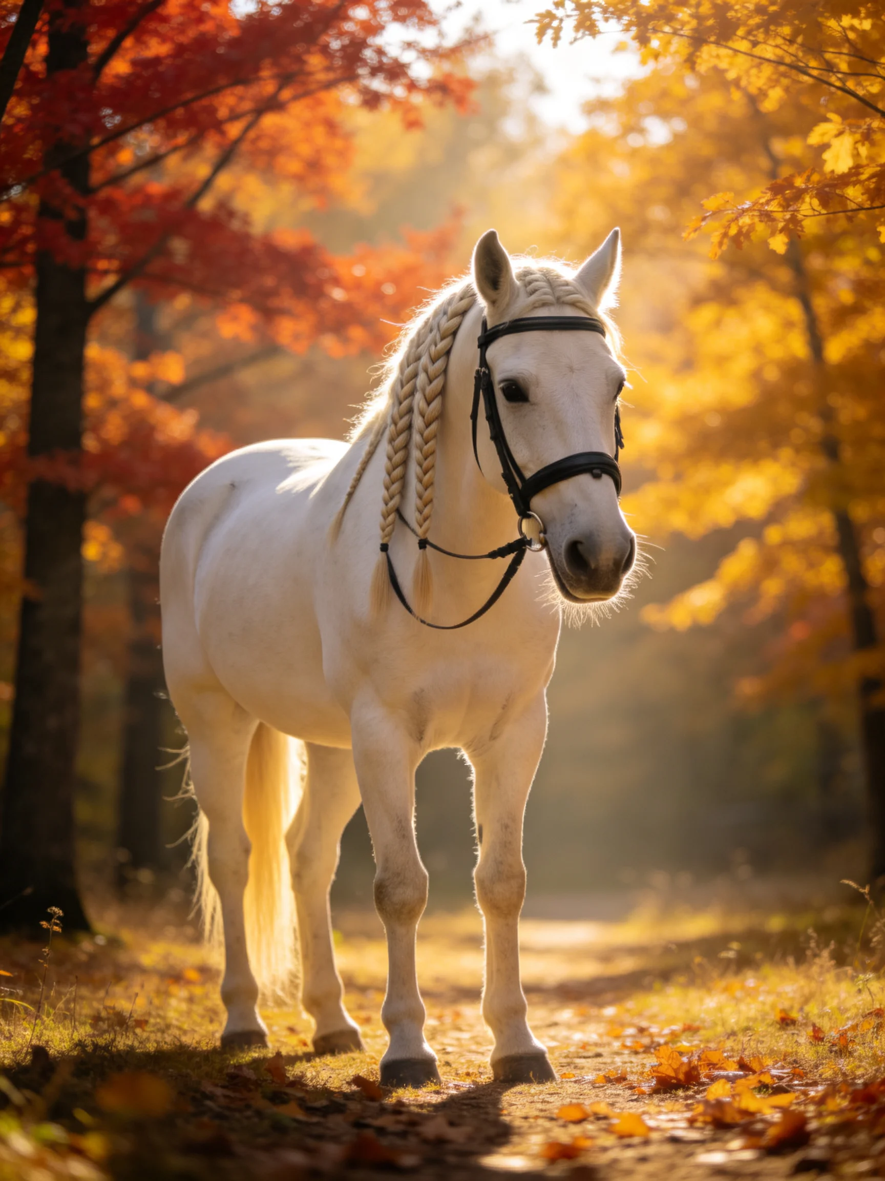 A white horse with braided mane stands in an autumn forest with golden foliage