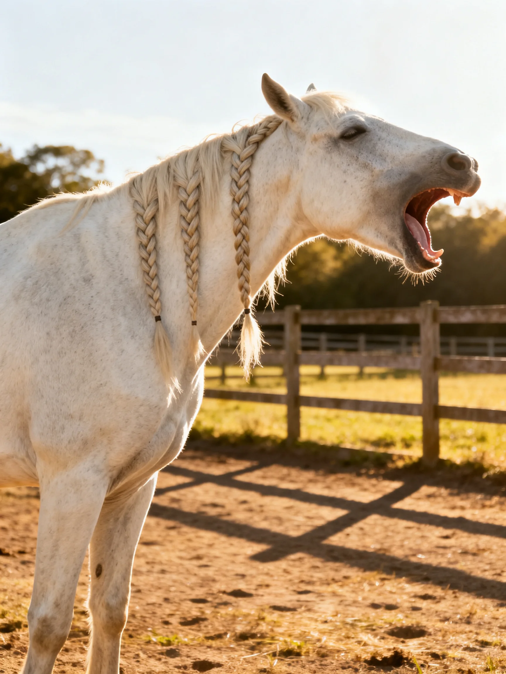 A white horse with braided mane yawning in a sunny paddock