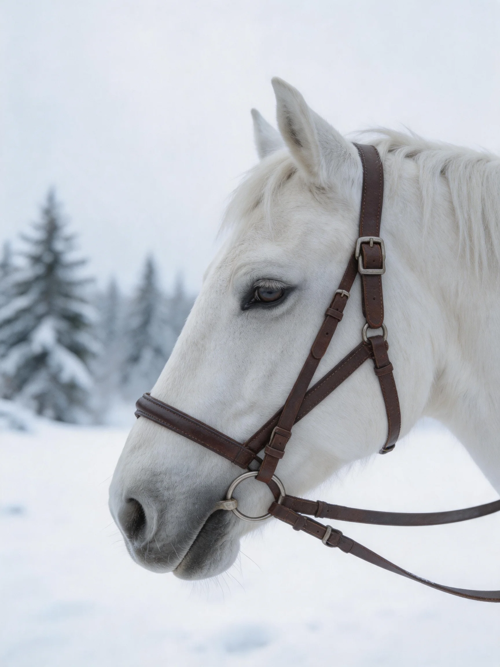 A white horse with brown bridle in a snowy landscape