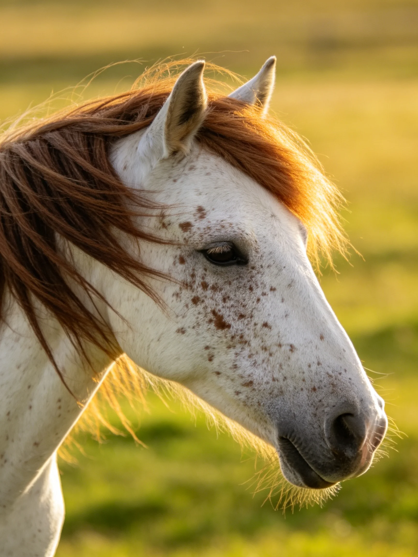 A white horse with brown mane and freckles in a sunlit meadow