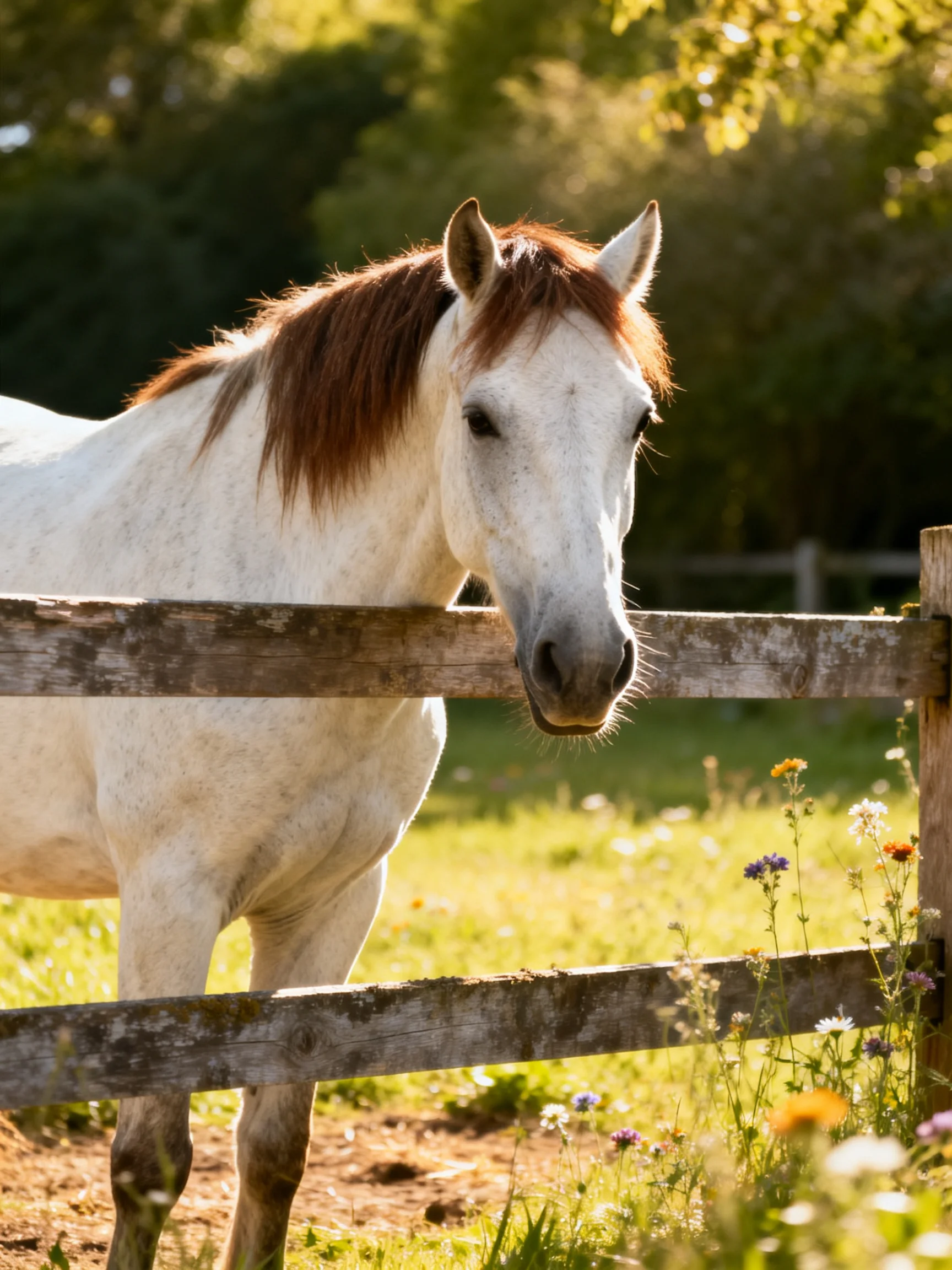 A white horse with brown mane near an aged wooden fence