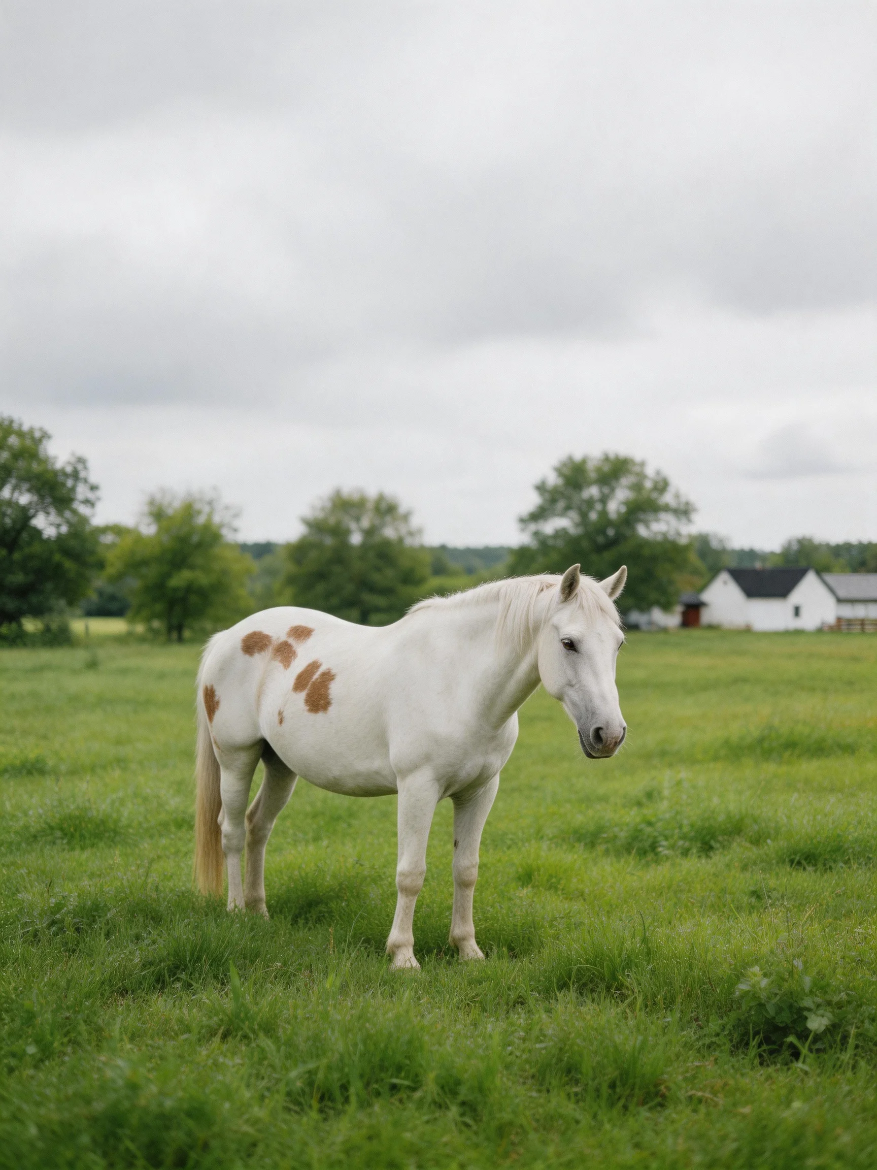 A white horse with brown patches stands in a lush green field near farmhouses