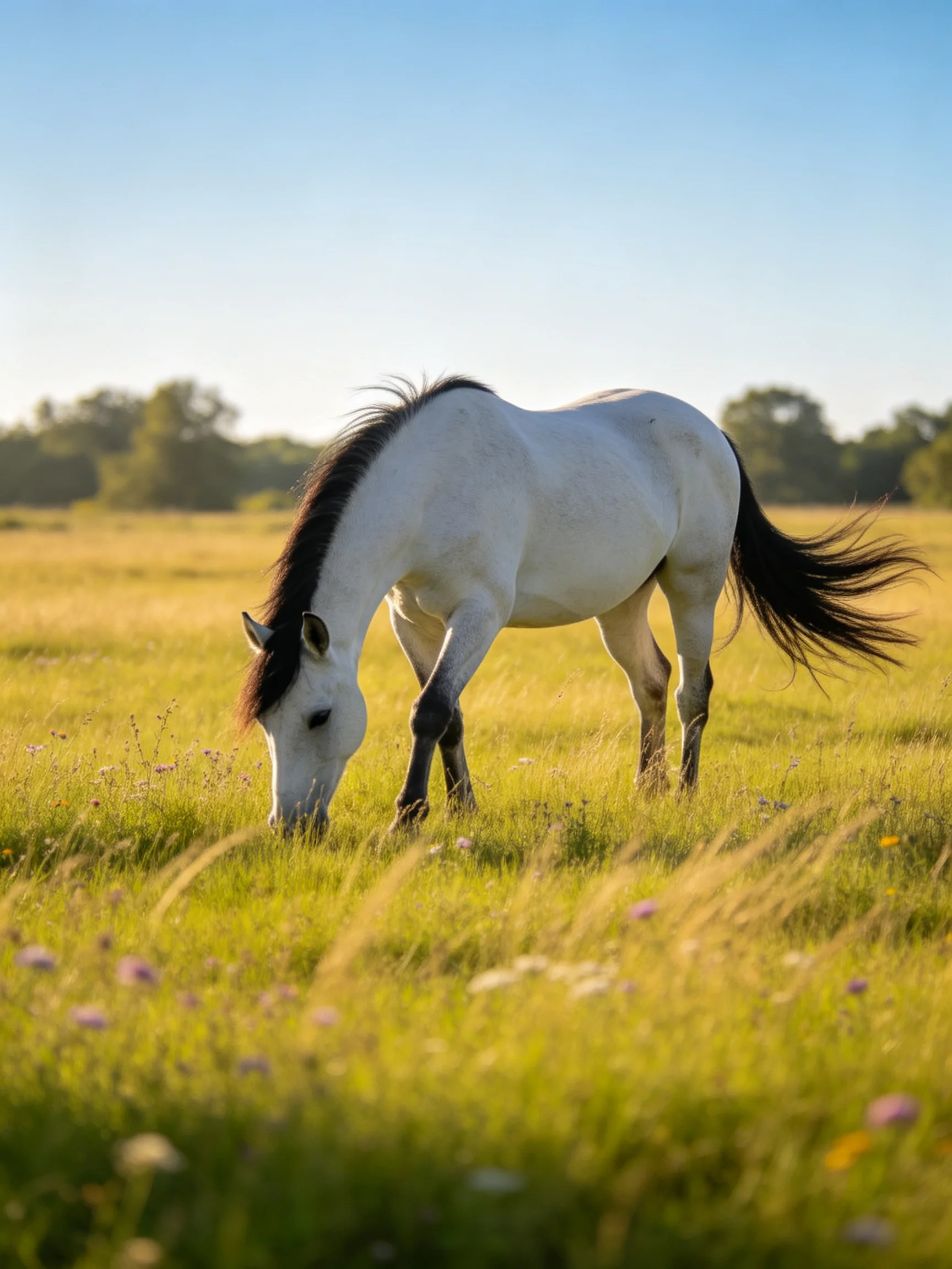 A white horse with dark mane grazes in a sunlit meadow of tall grass and wildflowers