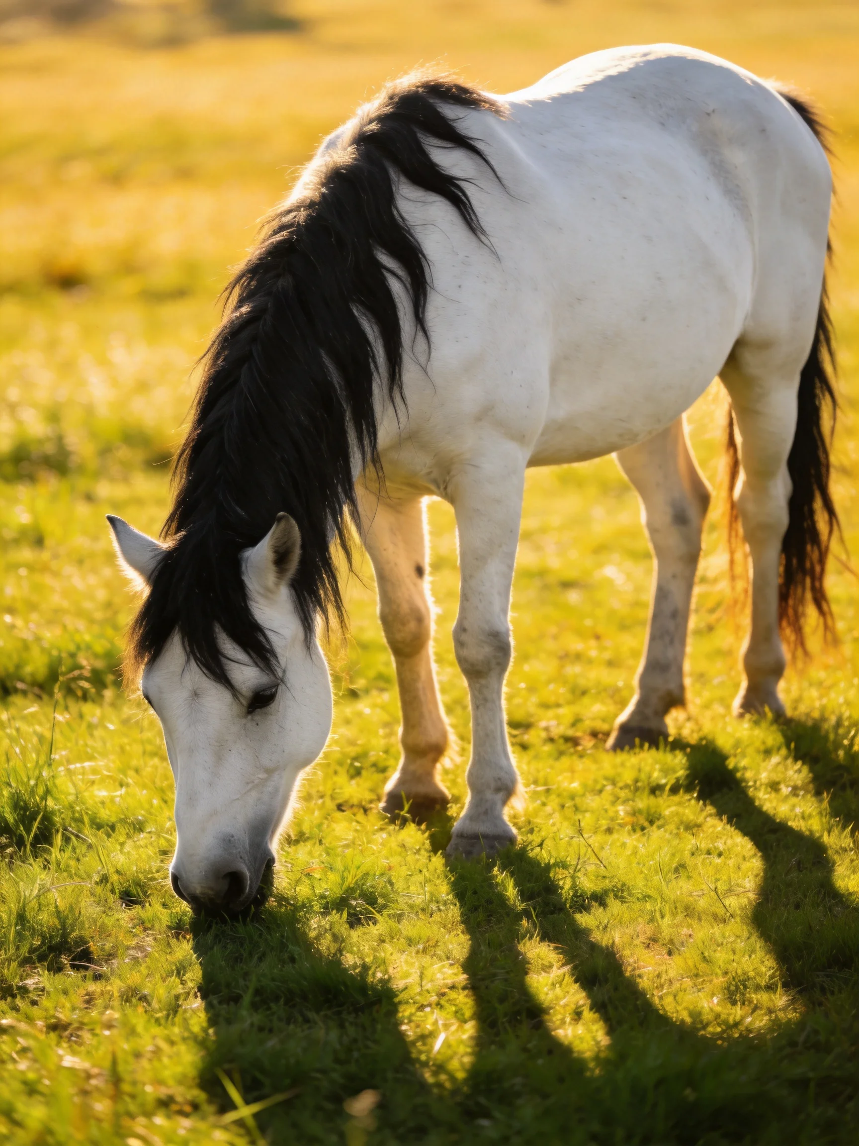 A white horse with dark mane grazing in a sunlit meadow