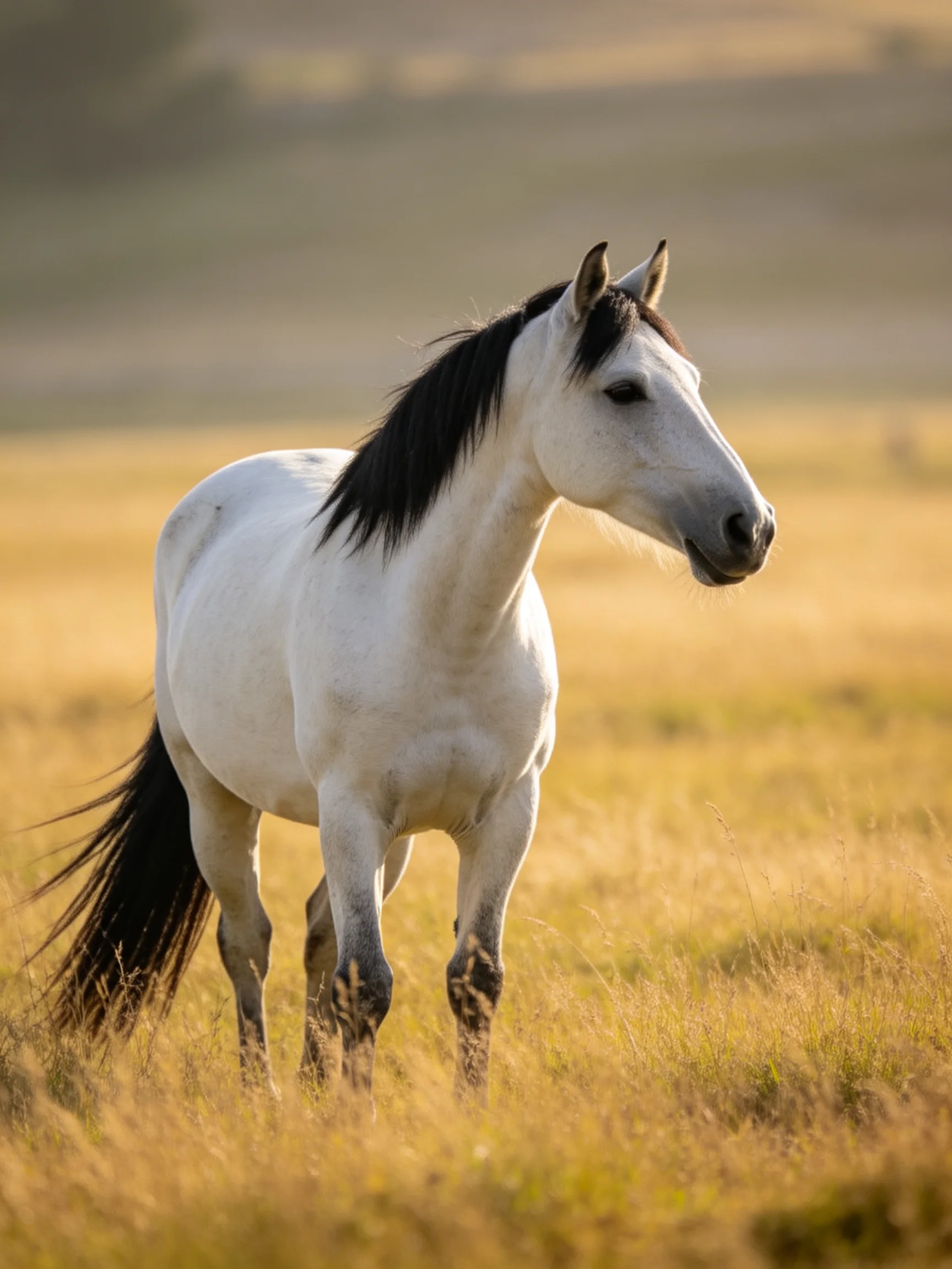 A white horse with dark mane in a golden grassy field