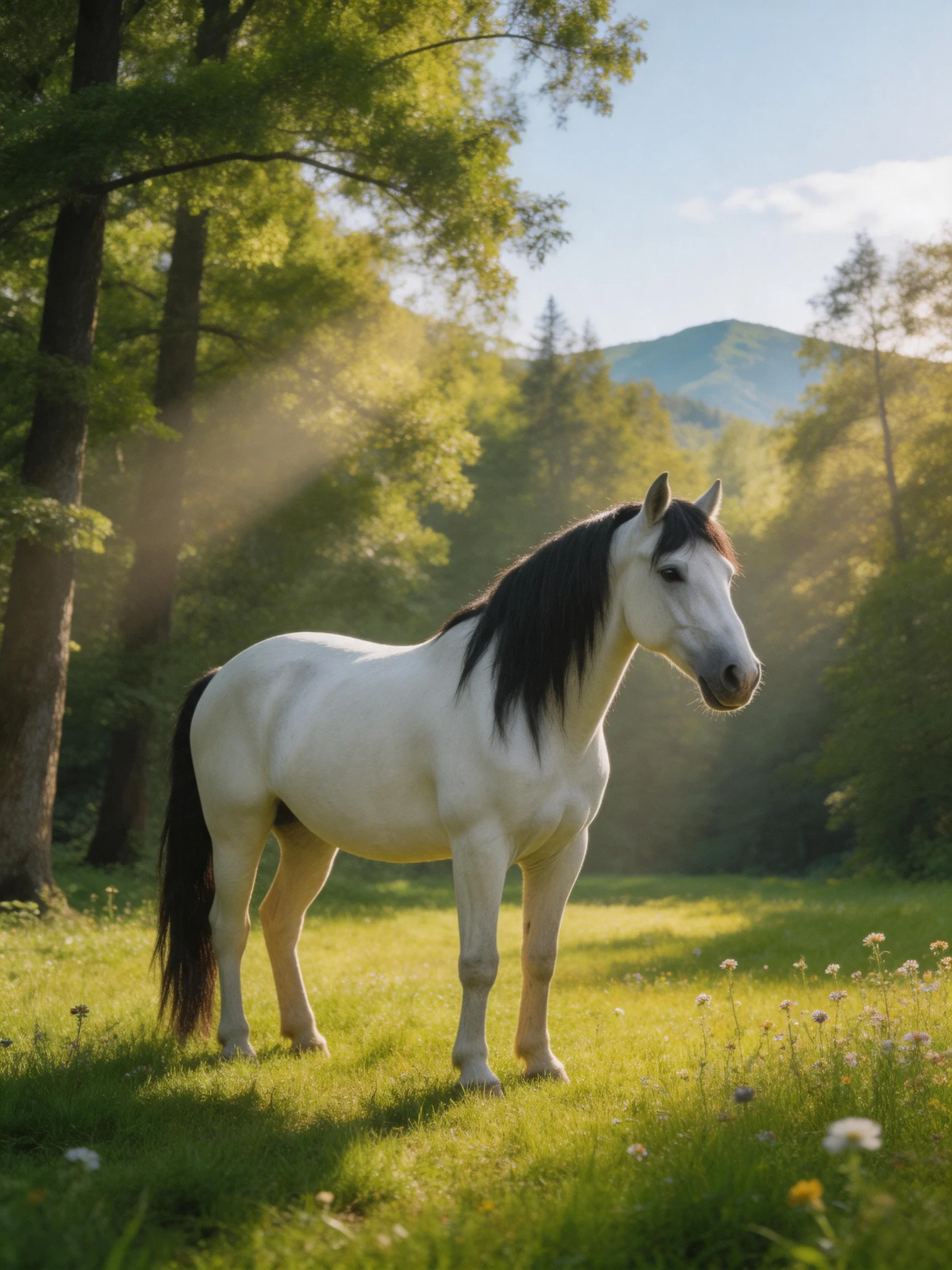 A white horse with dark mane in a sunlit forest clearing
