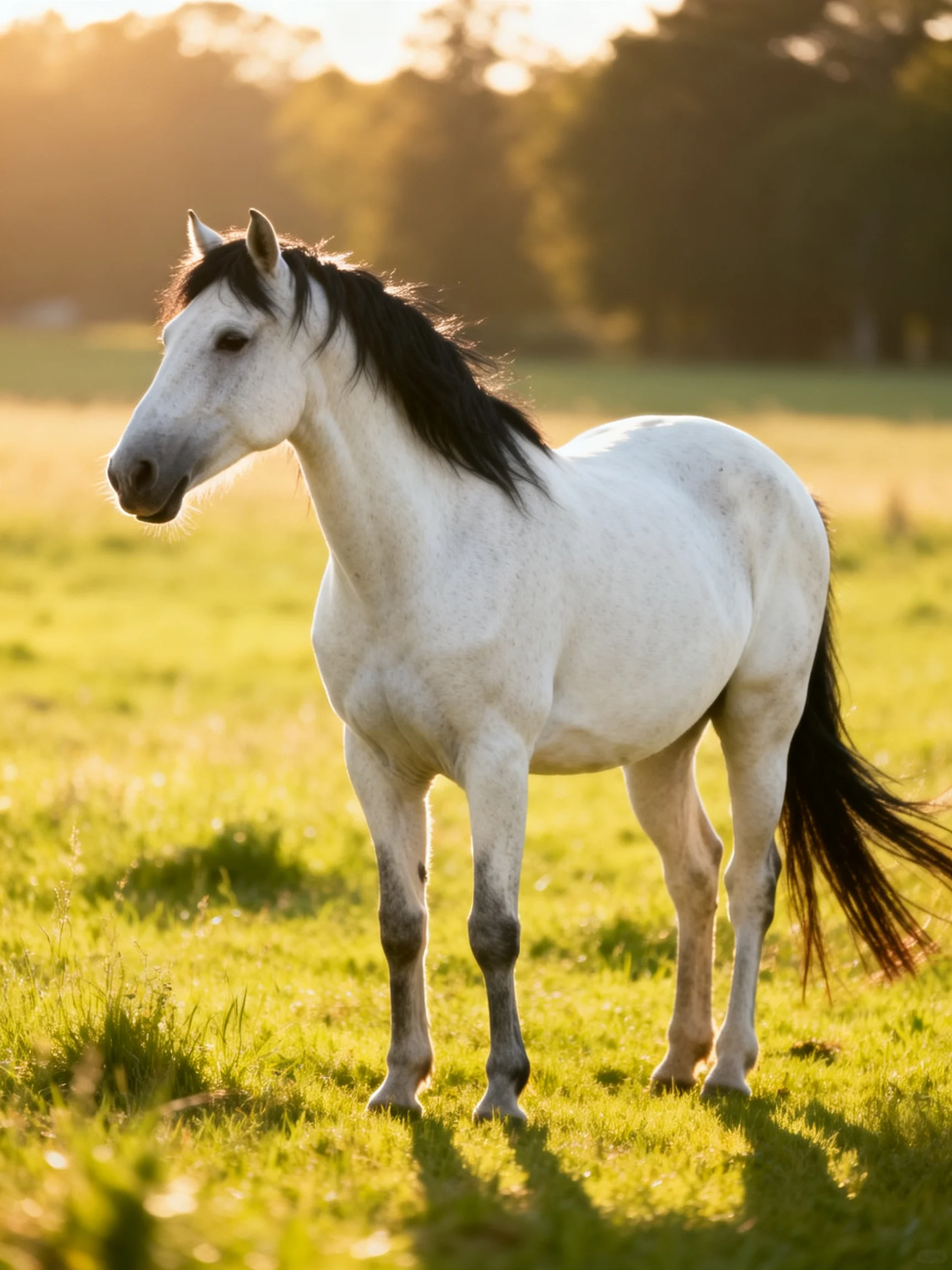 A white horse with dark mane stands in a sunlit green meadow