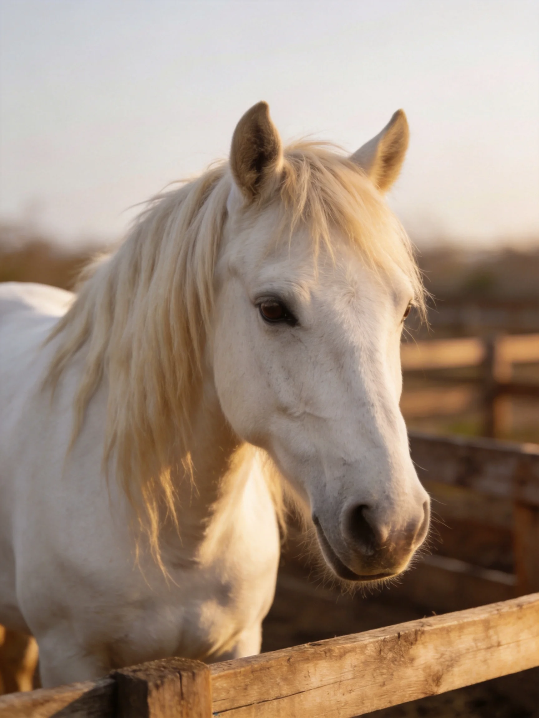 A white horse with flowing blonde mane near a wooden enclosure