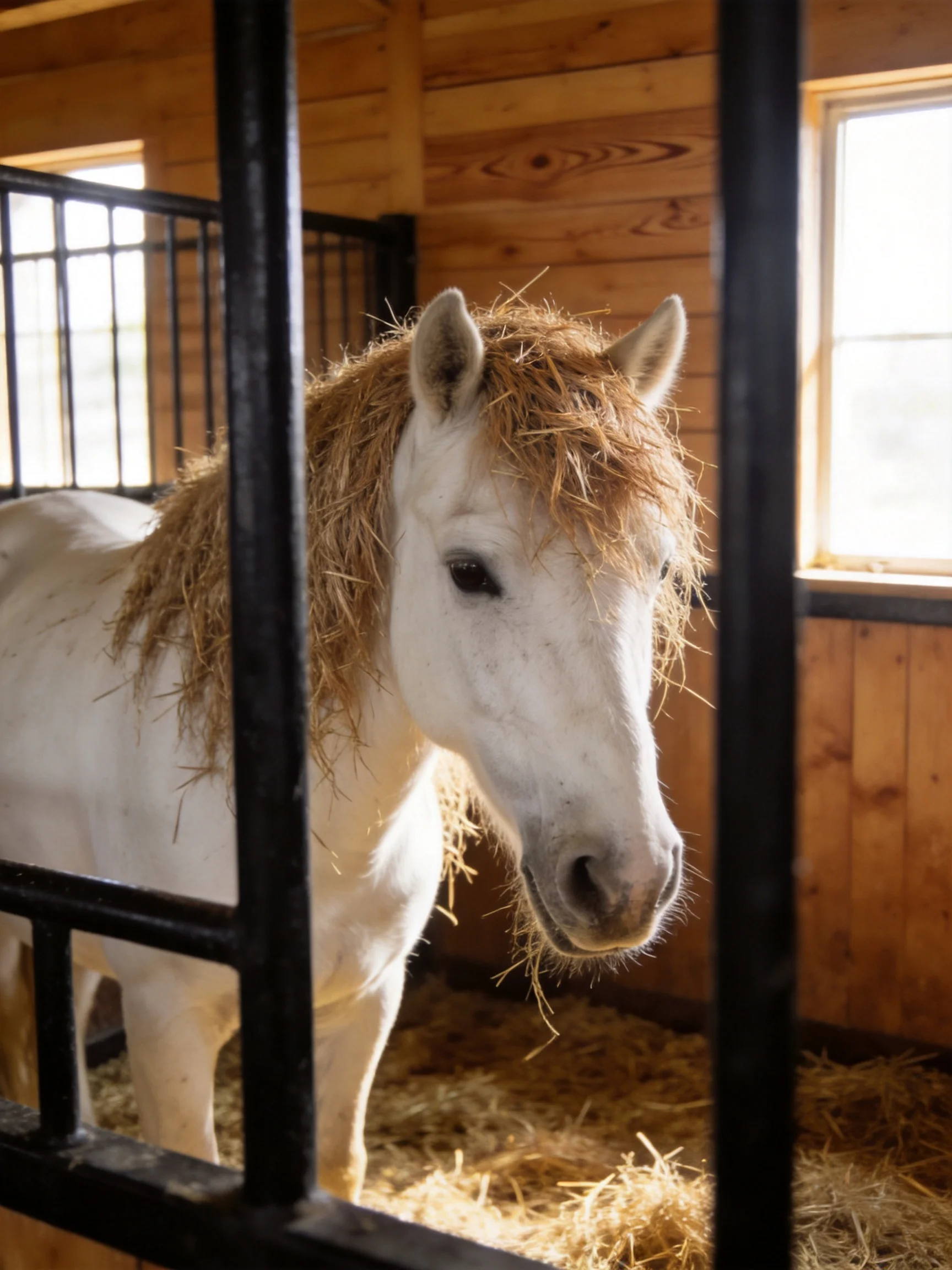 A white horse with golden hay in a wooden stable