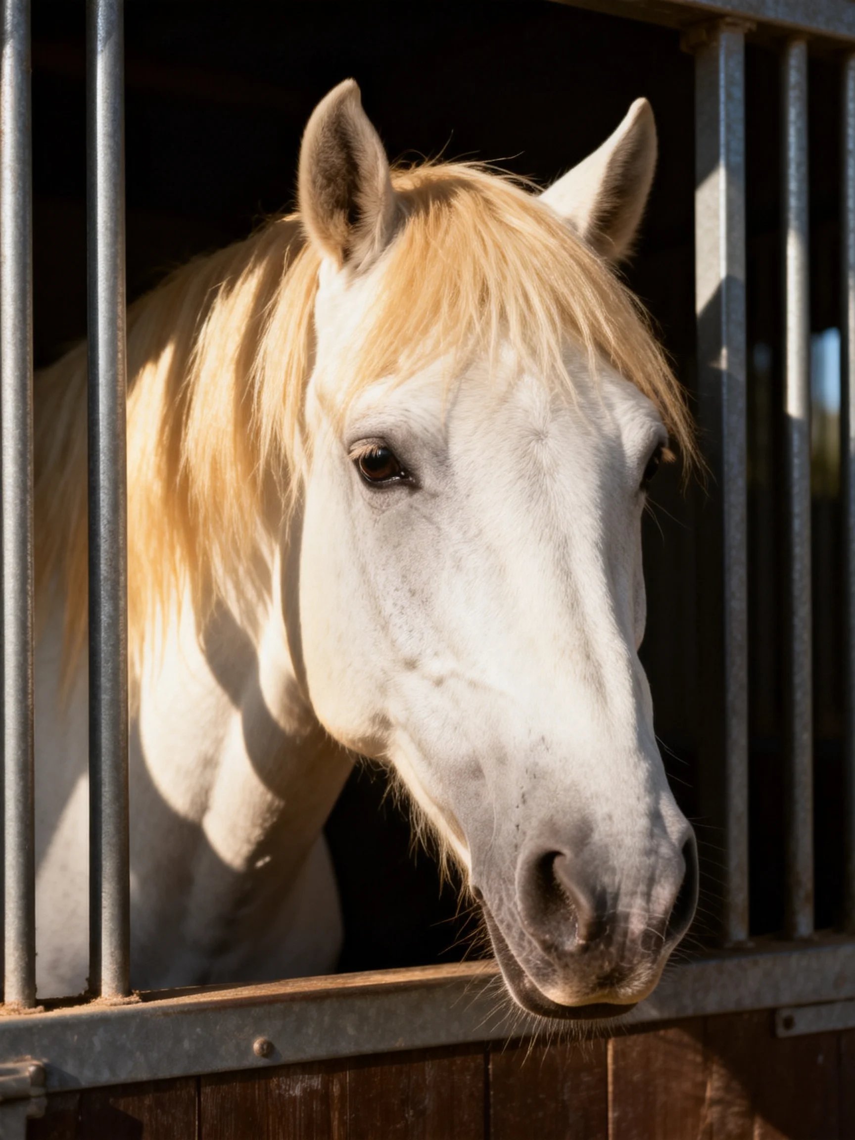A white horse with golden mane looks from a stable stall