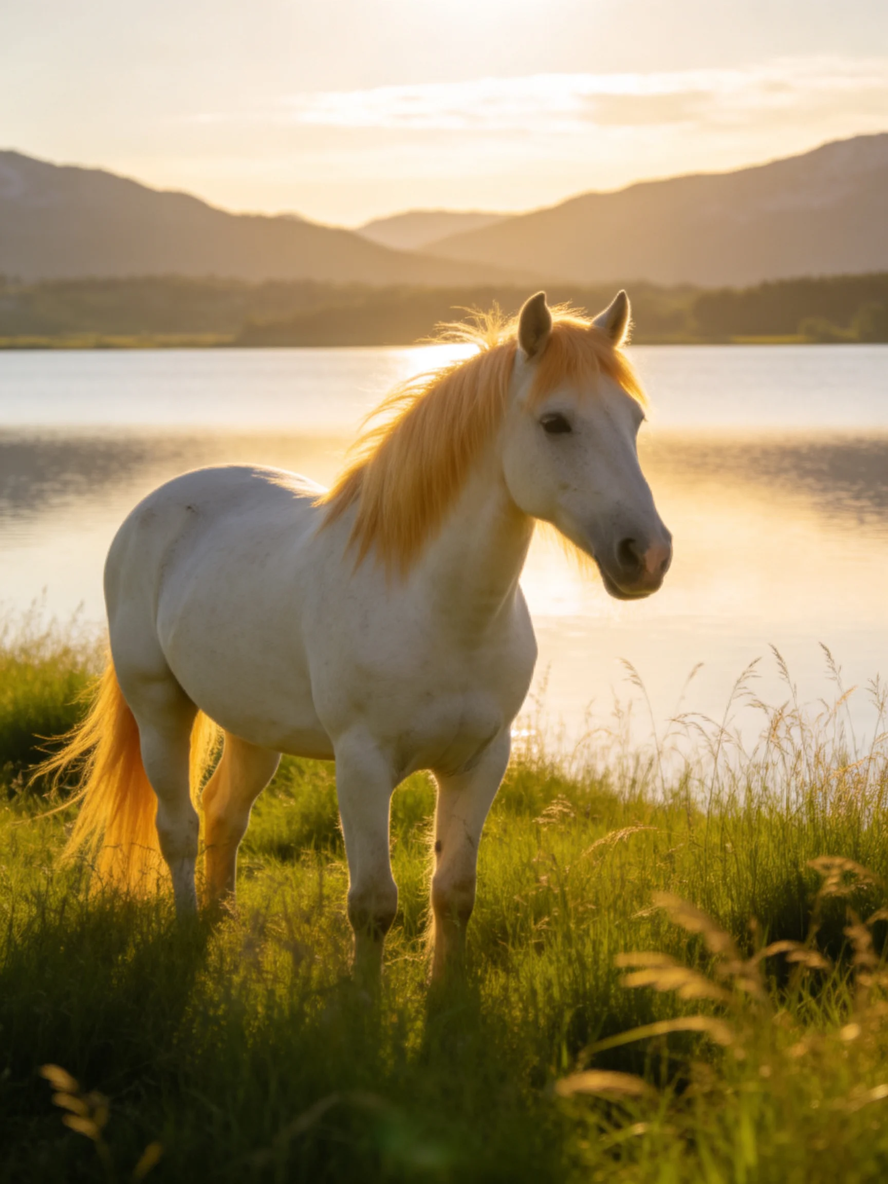 A white horse with golden mane stands by a serene lake at sunset