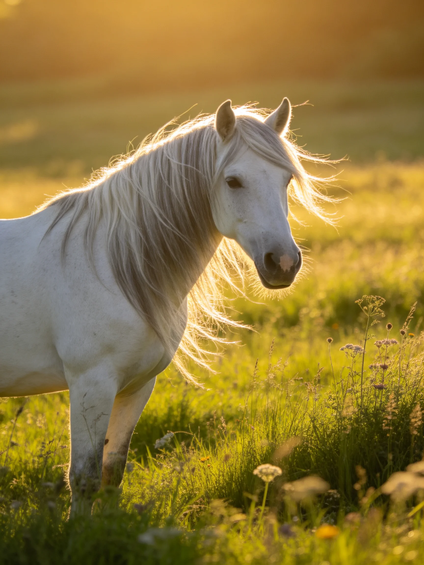 A white horse with long mane in a sun-drenched meadow