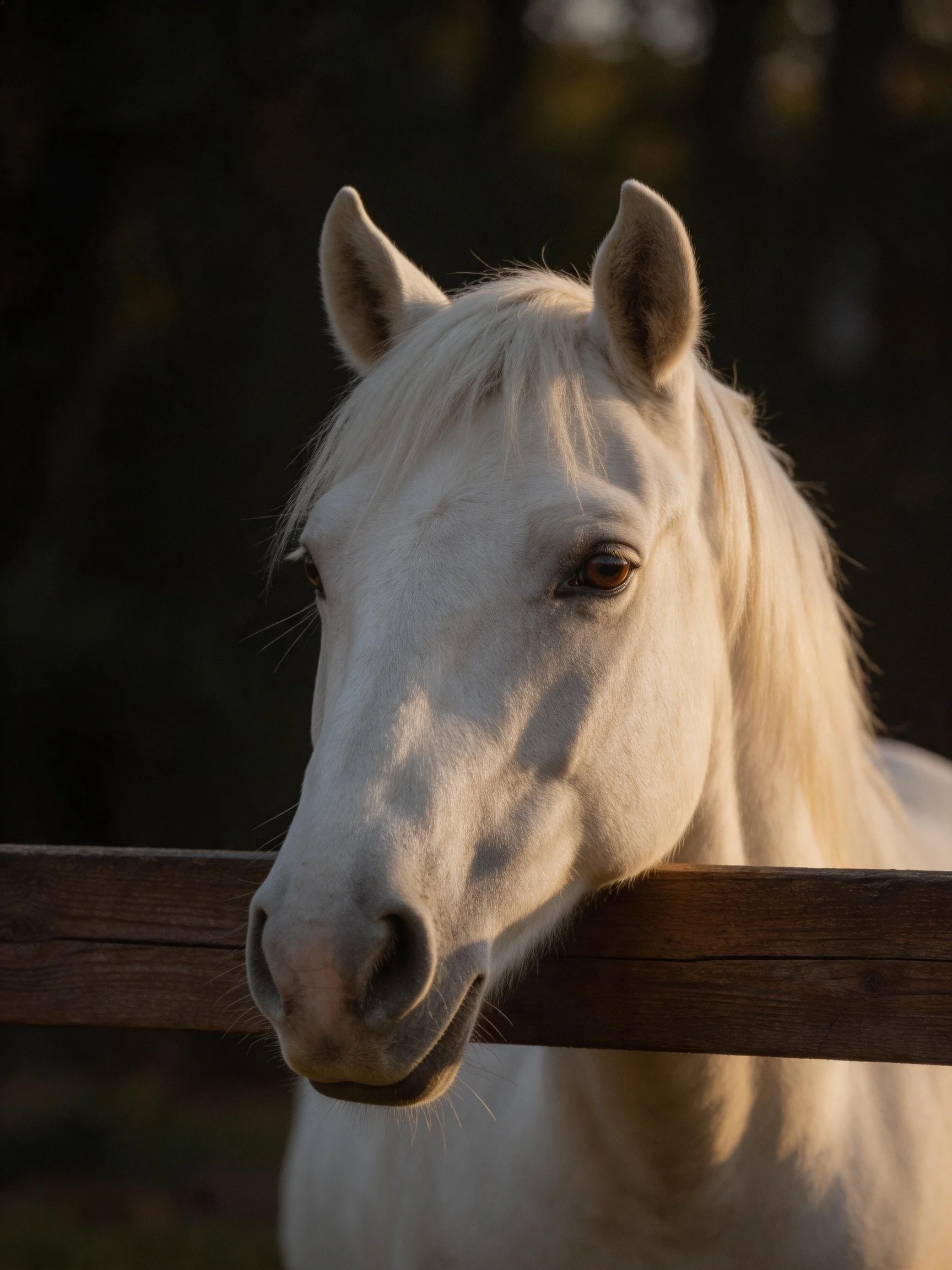 A white horse with long mane near a wooden fence