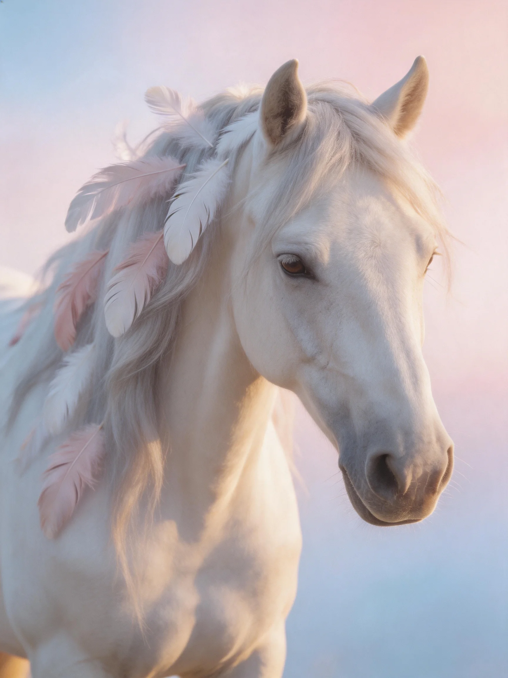 A white horse adorned with feathers stands beneath a soft, pastel sky.