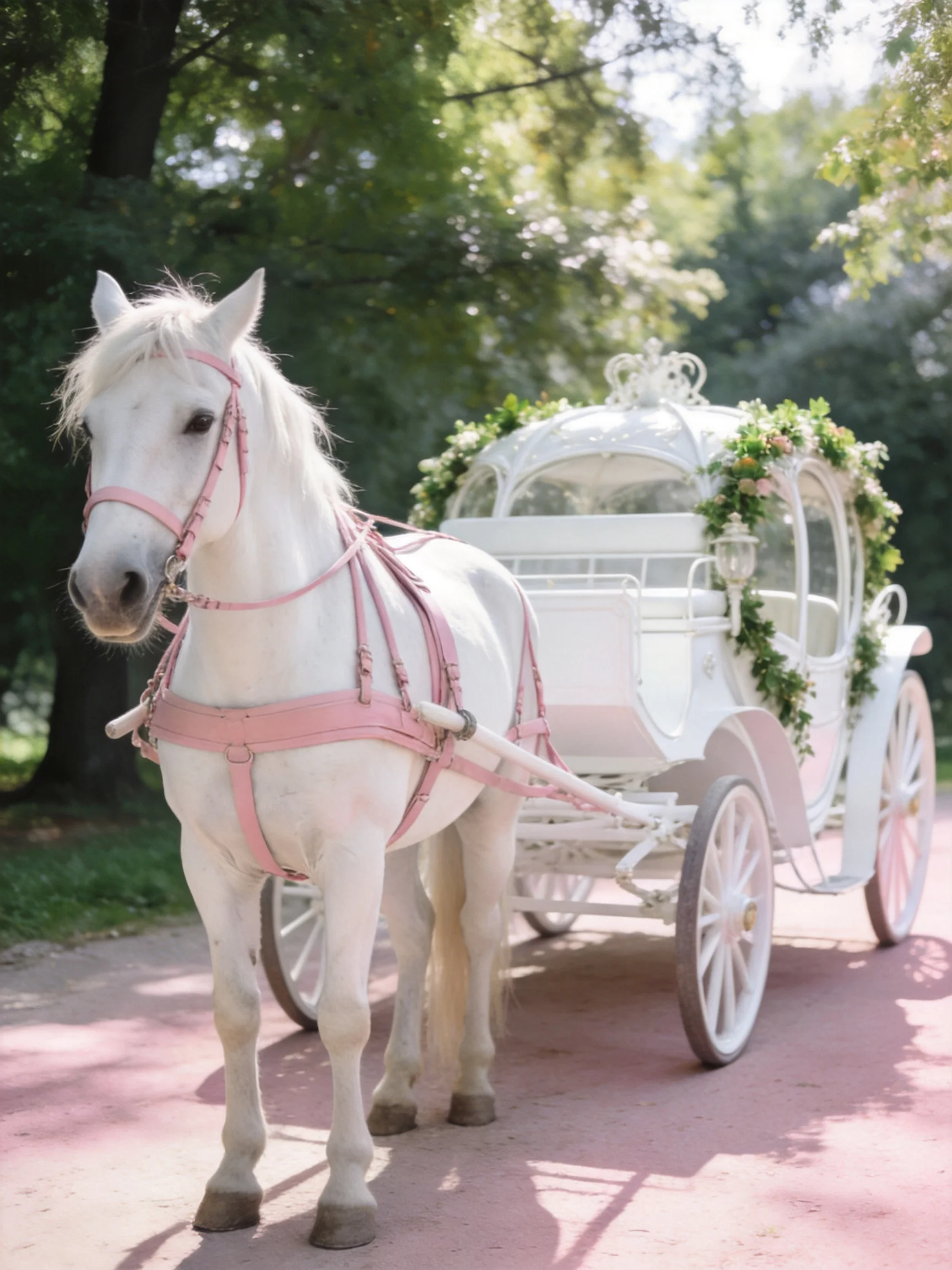 A white horse with pink gear pulls a flower-decorated carriage in a park