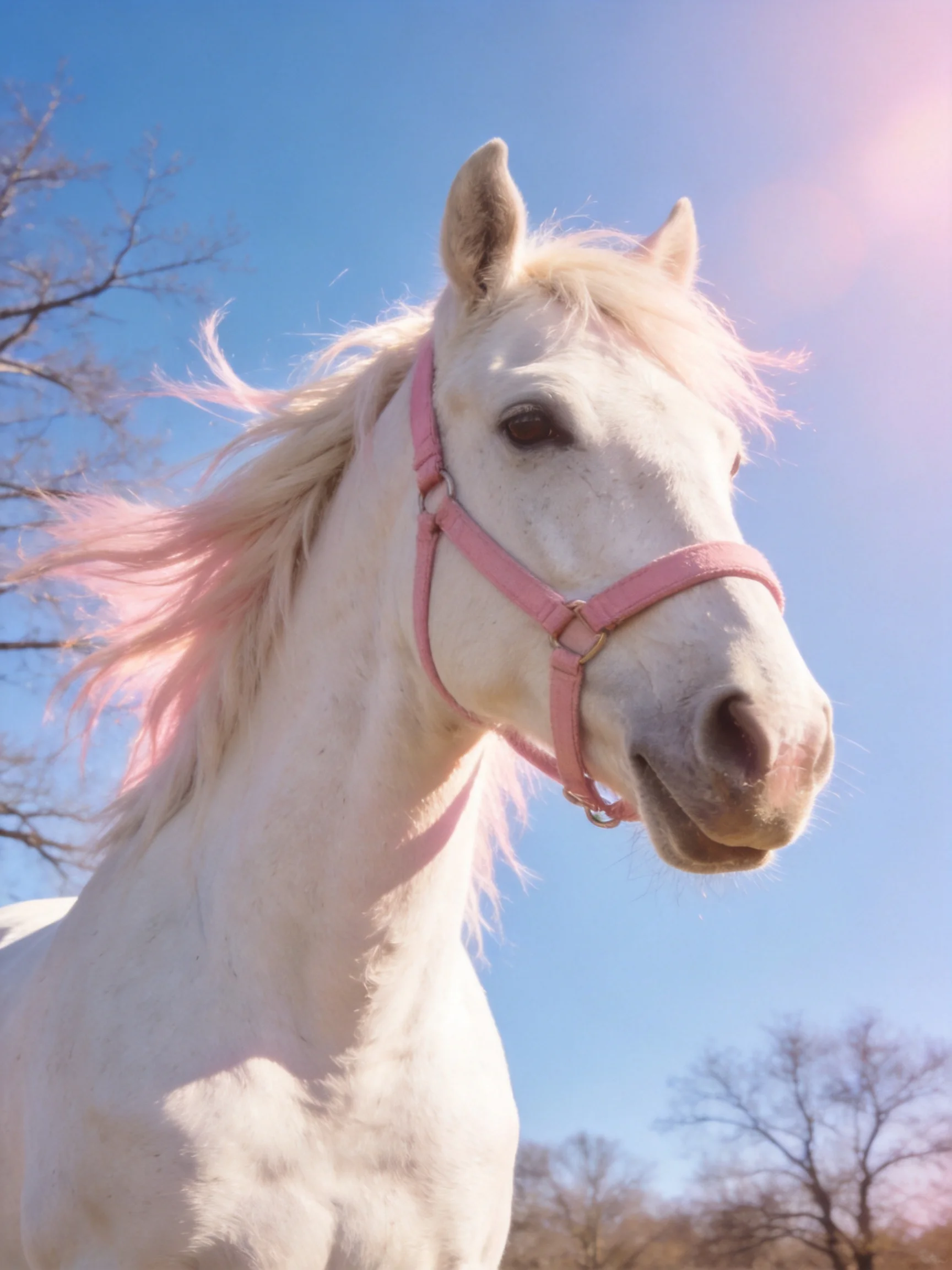 A white horse with pink mane and halter under clear blue sky