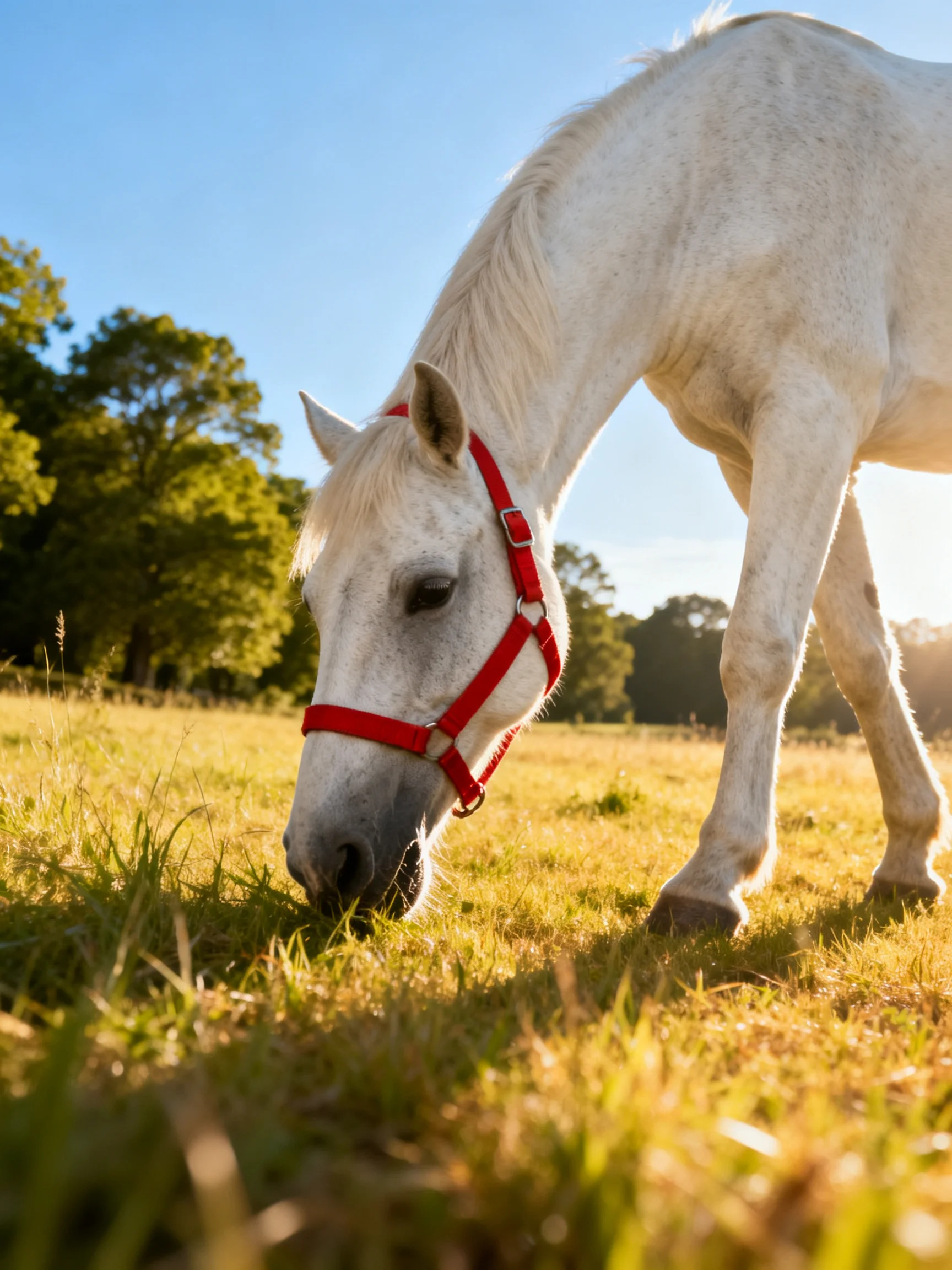 A white horse with red halter grazing in a sunlit meadow