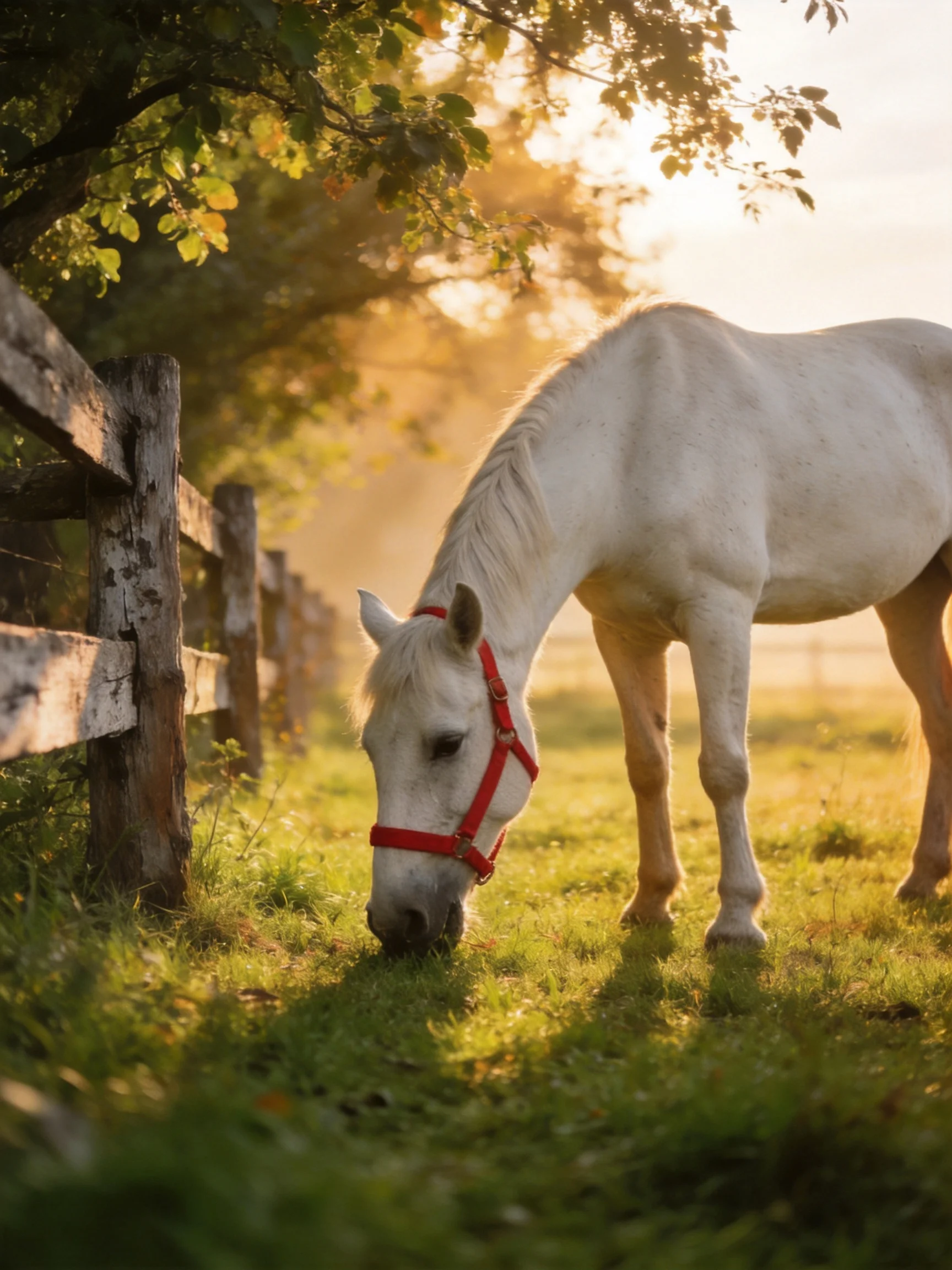 A white horse with red halter grazing near an aged wooden fence