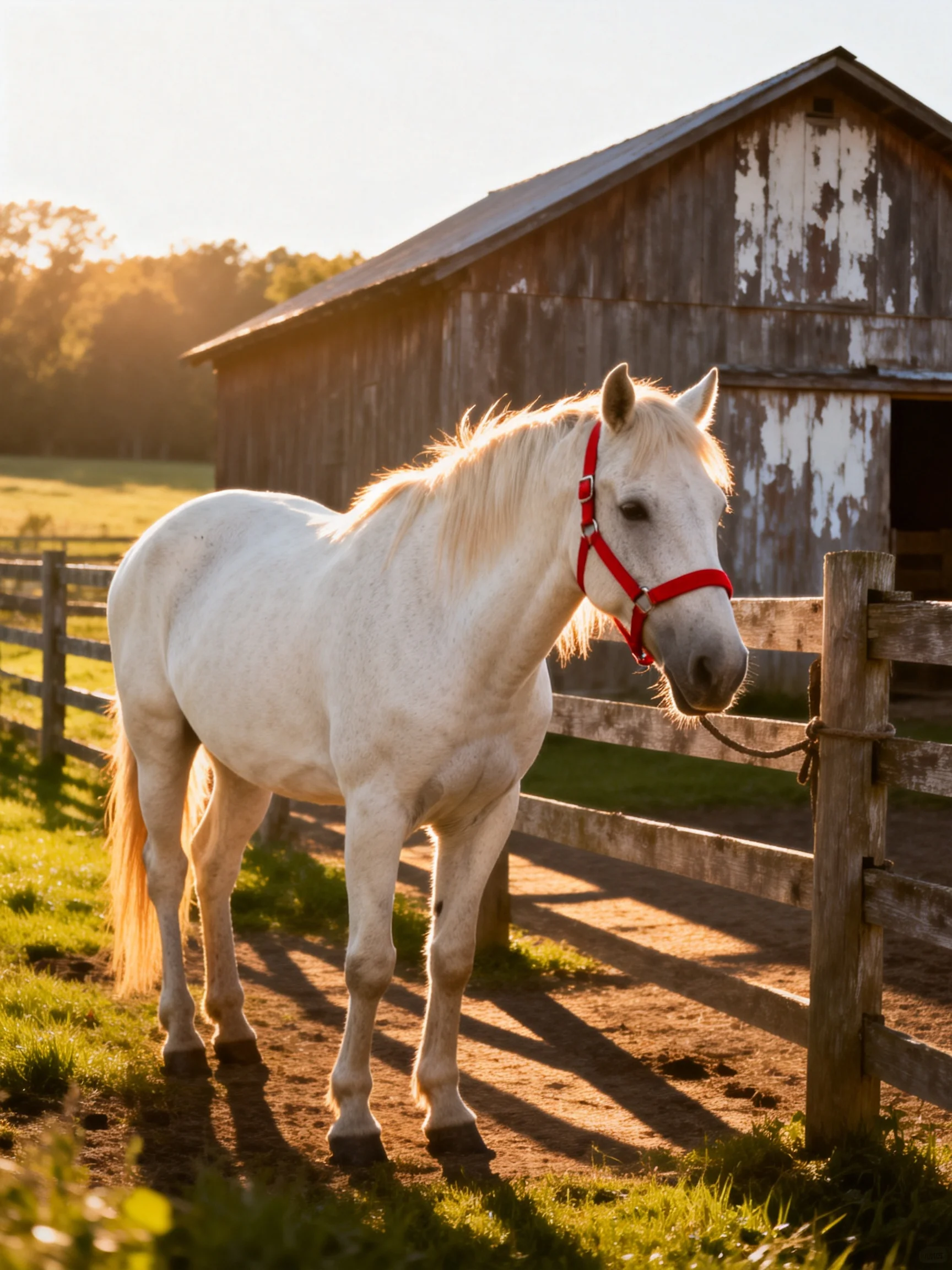 A white horse with red halter near an aged wooden barn