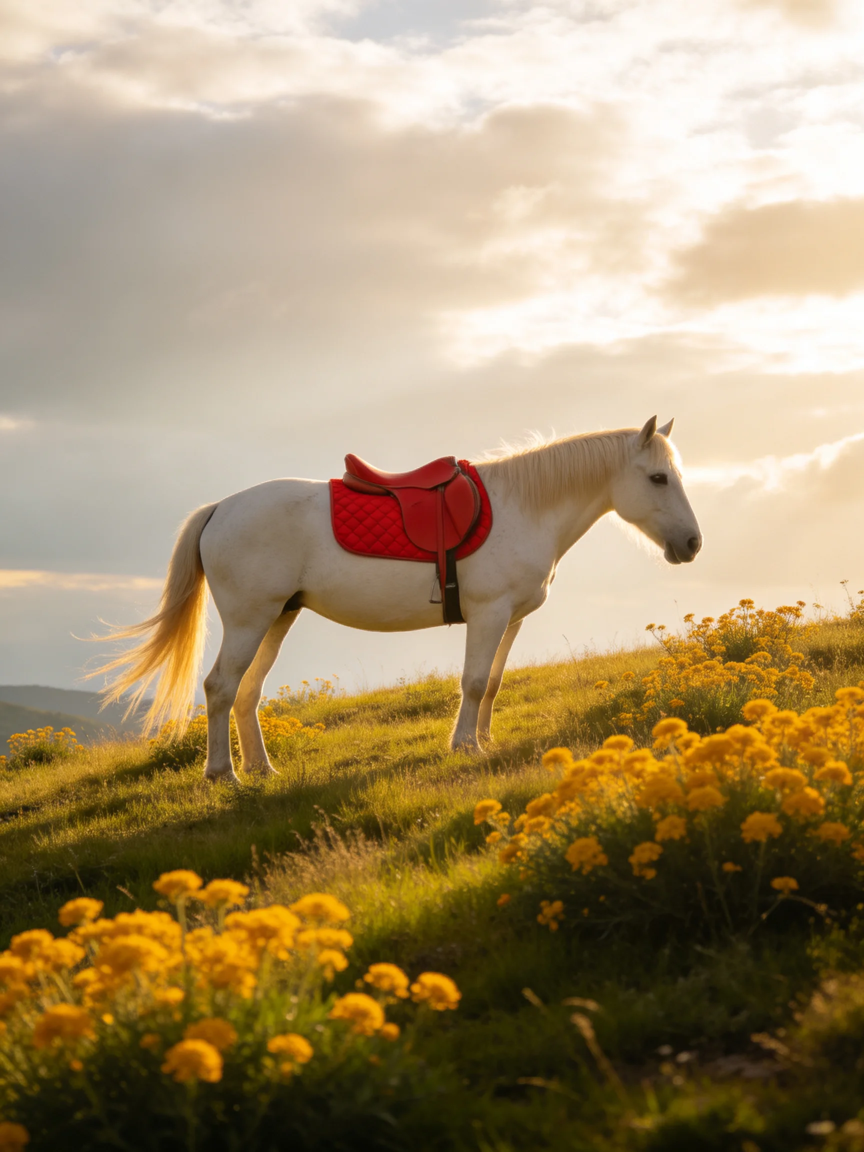 A white horse with red saddle stands among yellow wildflowers on a grassy hill