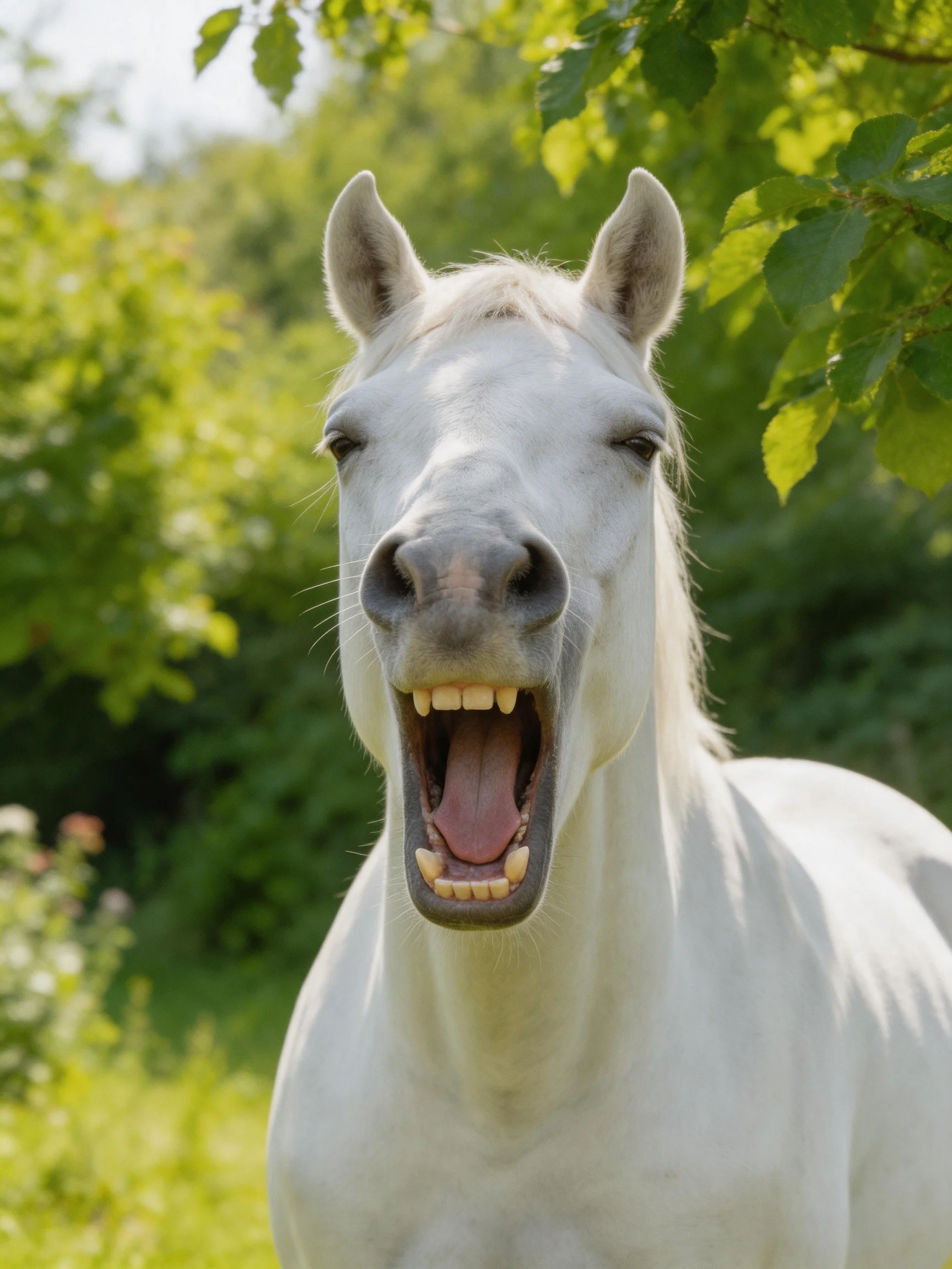 A white horse yawning in a lush green wooded area