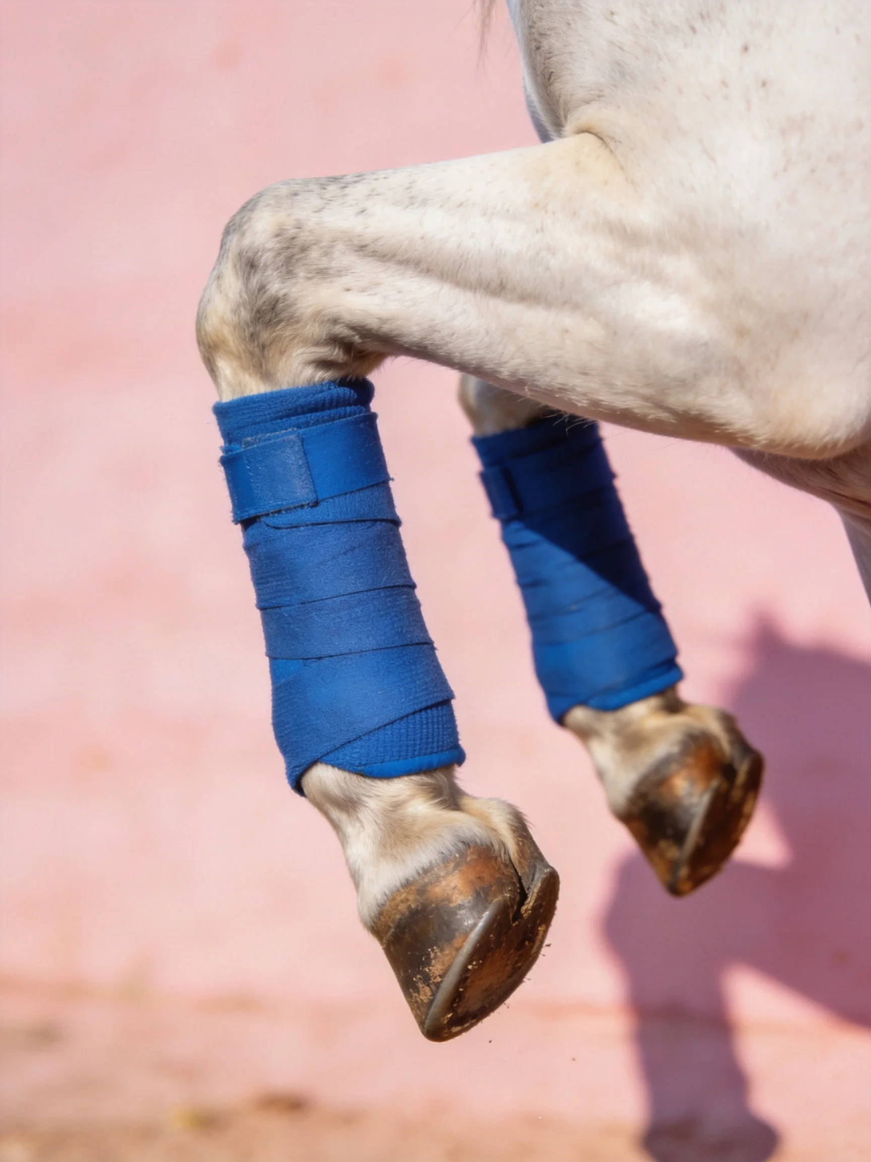 A white horse’s legs wrapped in bright blue protective wraps