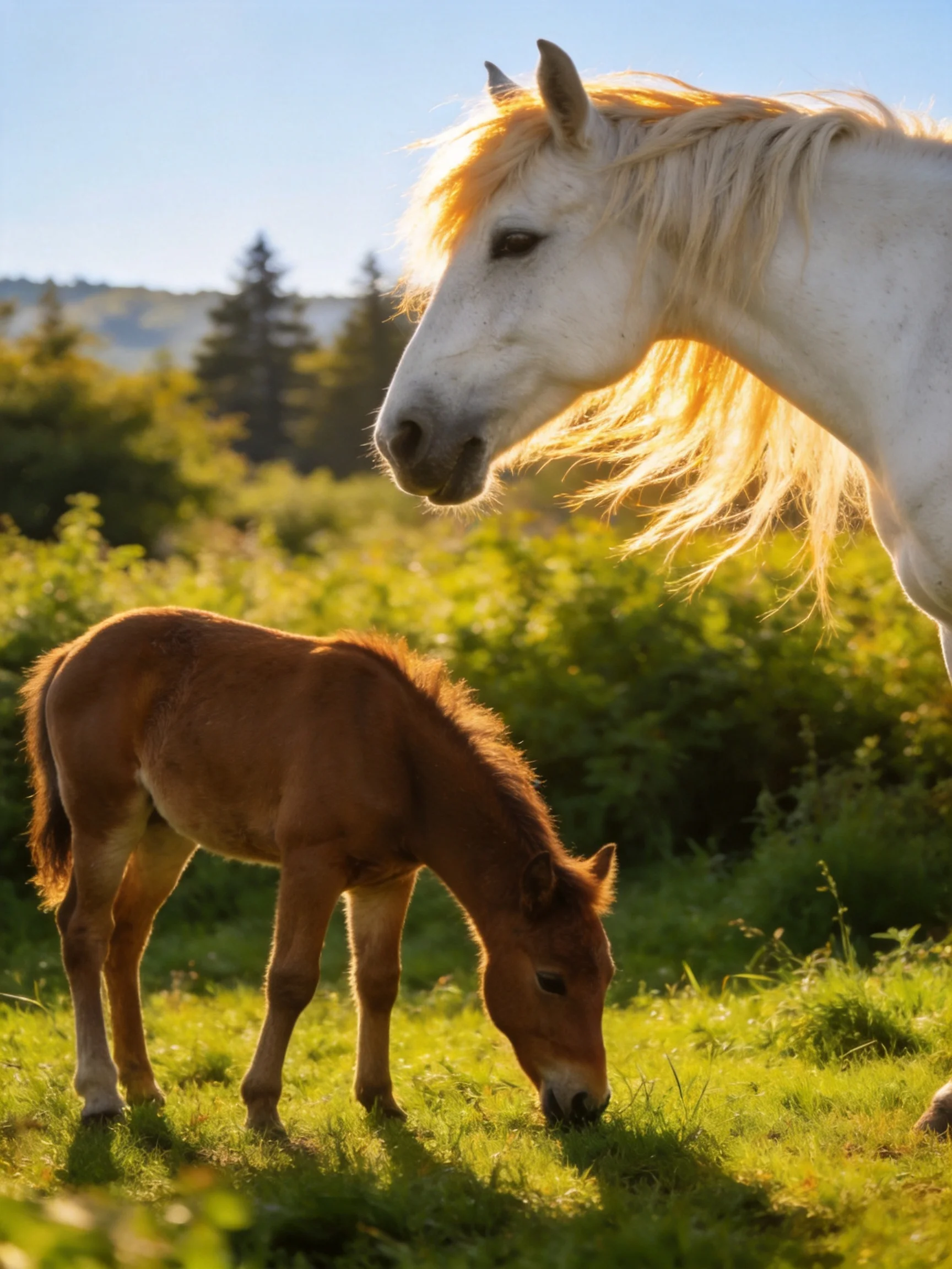 A white mare and brown foal graze in a sunlit meadow