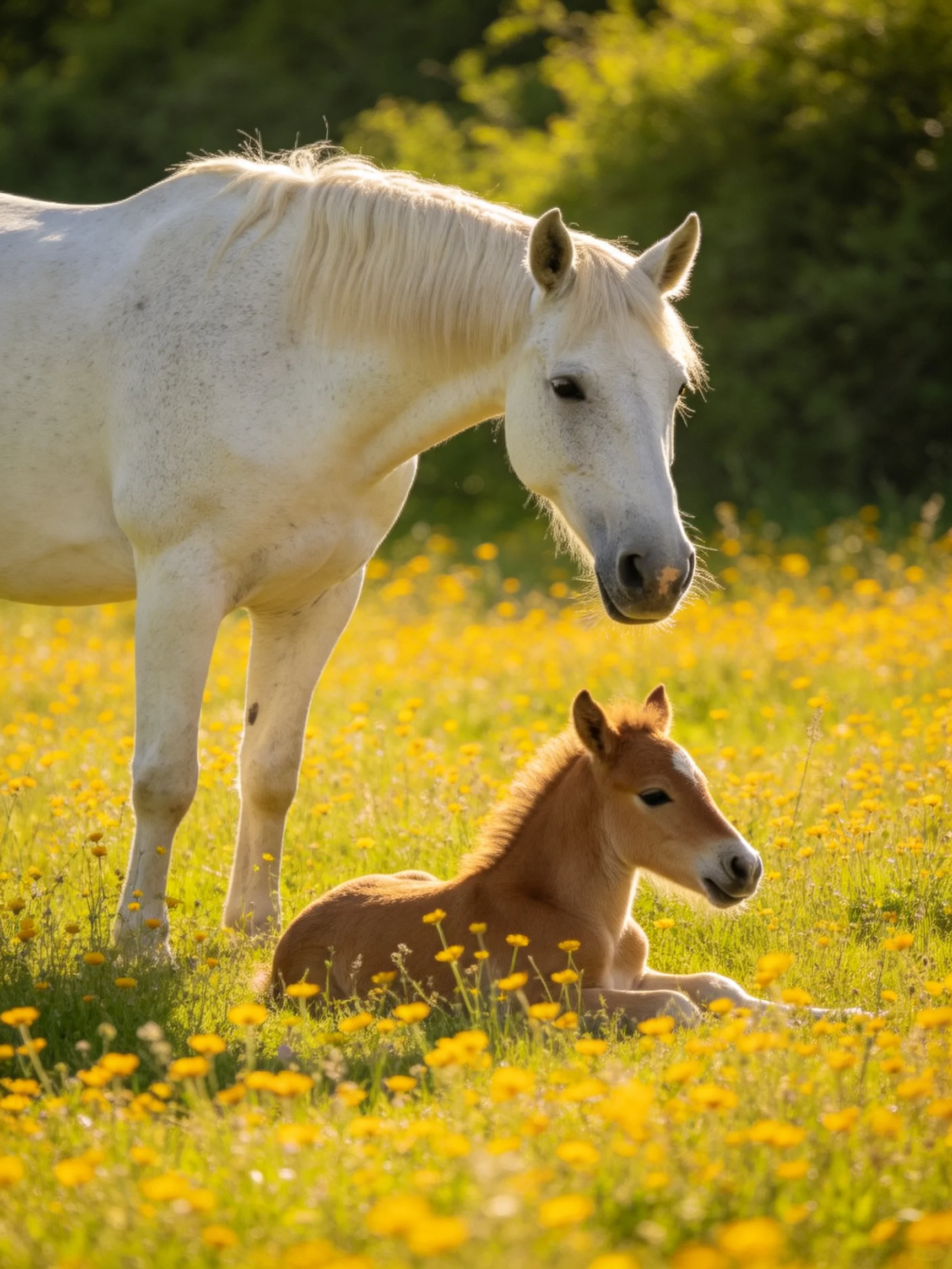 A white mare and brown foal in a golden flower meadow