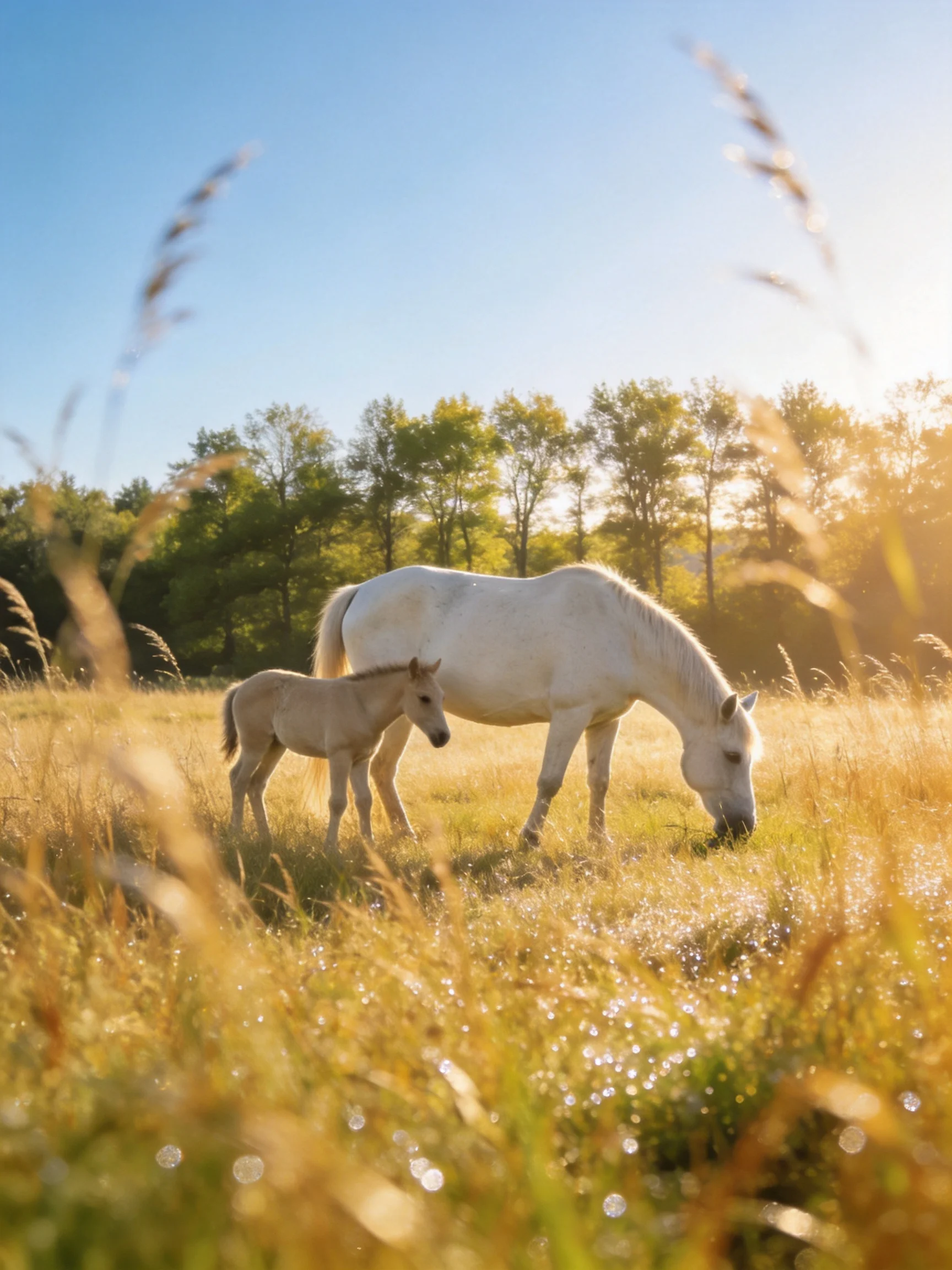 A white mare and foal graze in a golden sunlit meadow