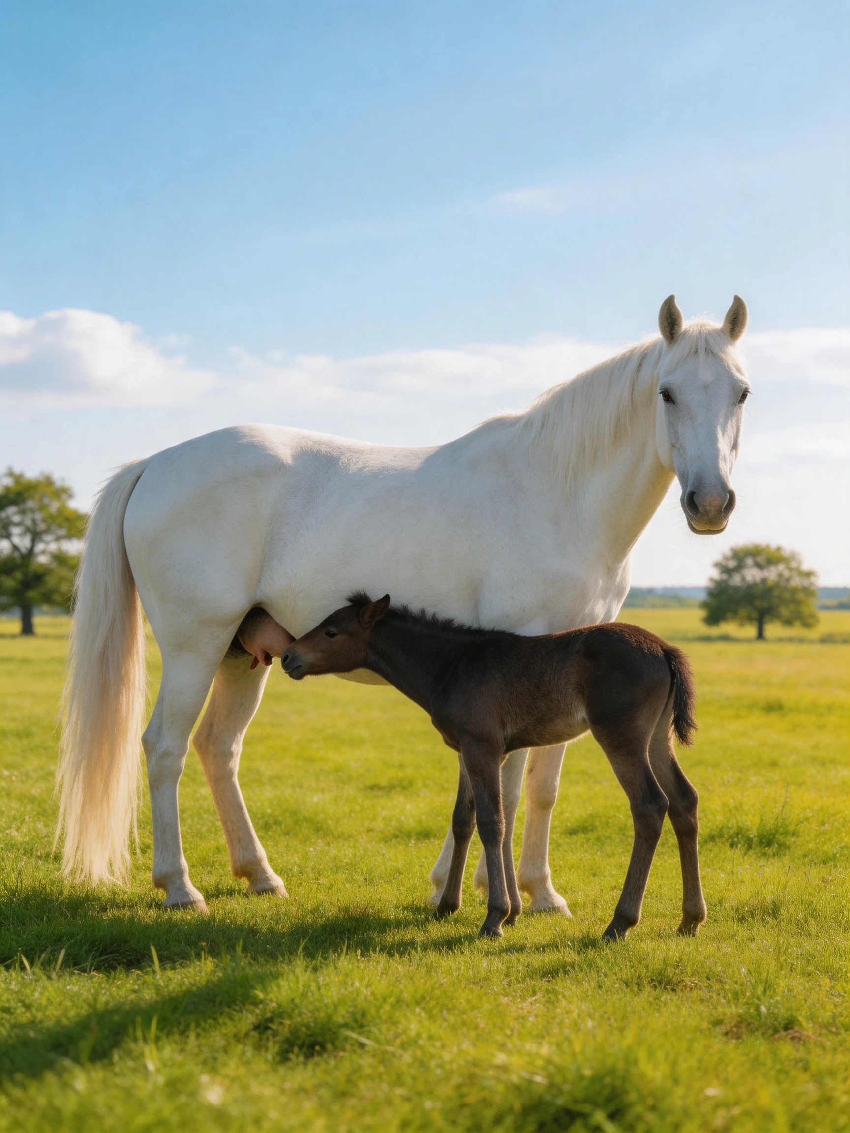 A white mare nurses her brown foal in a sunlit green pasture