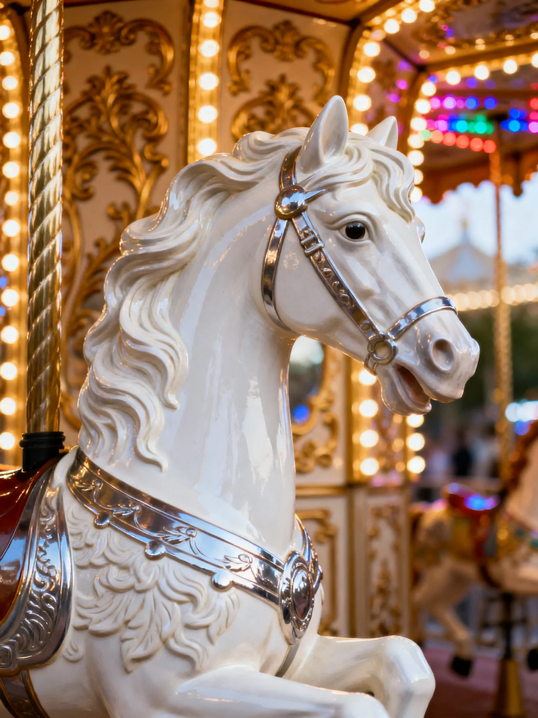 A white, ornate carousel horse with golden decorative details