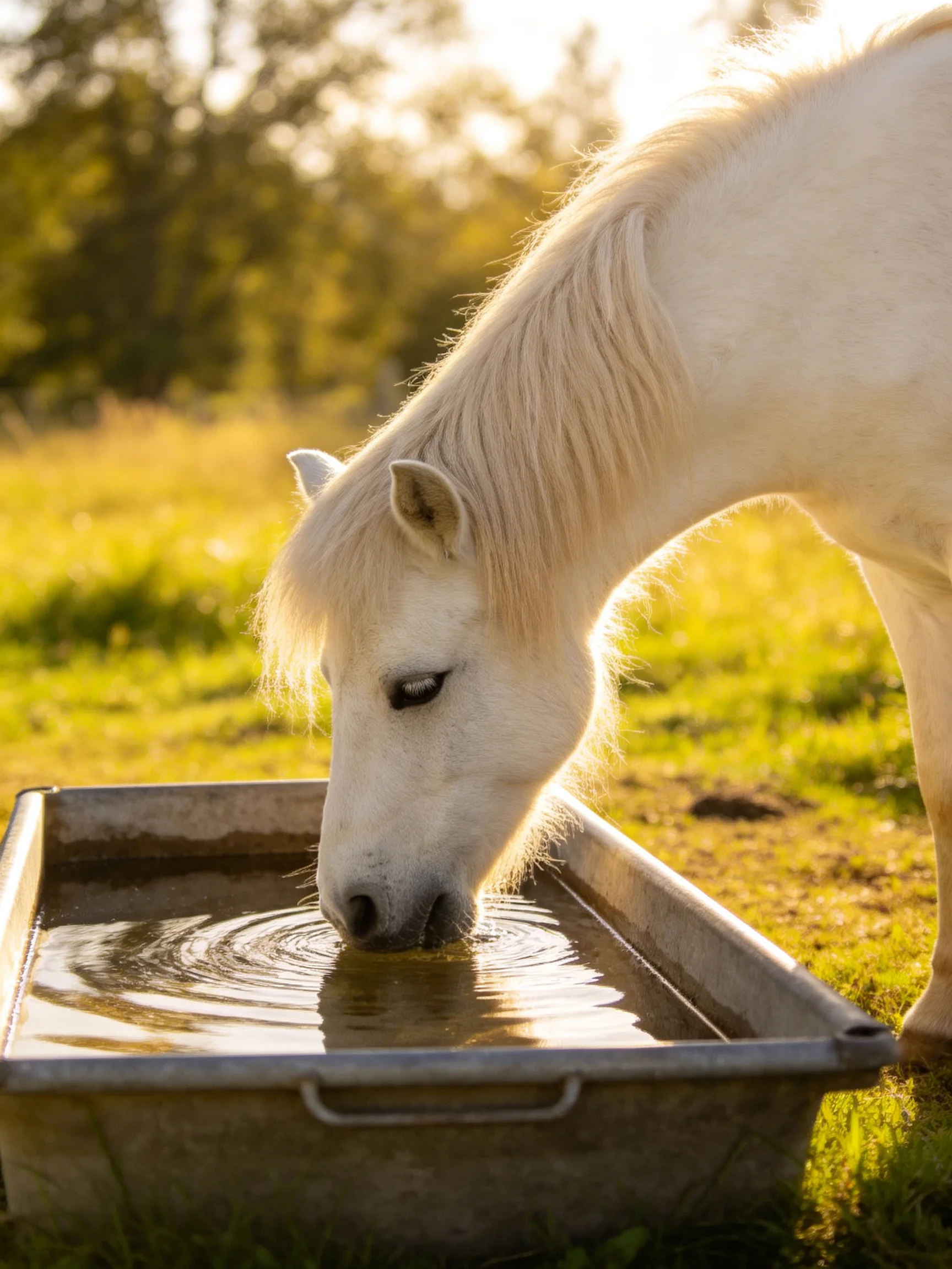 A white pony drinks from a metal trough in a sunlit pasture