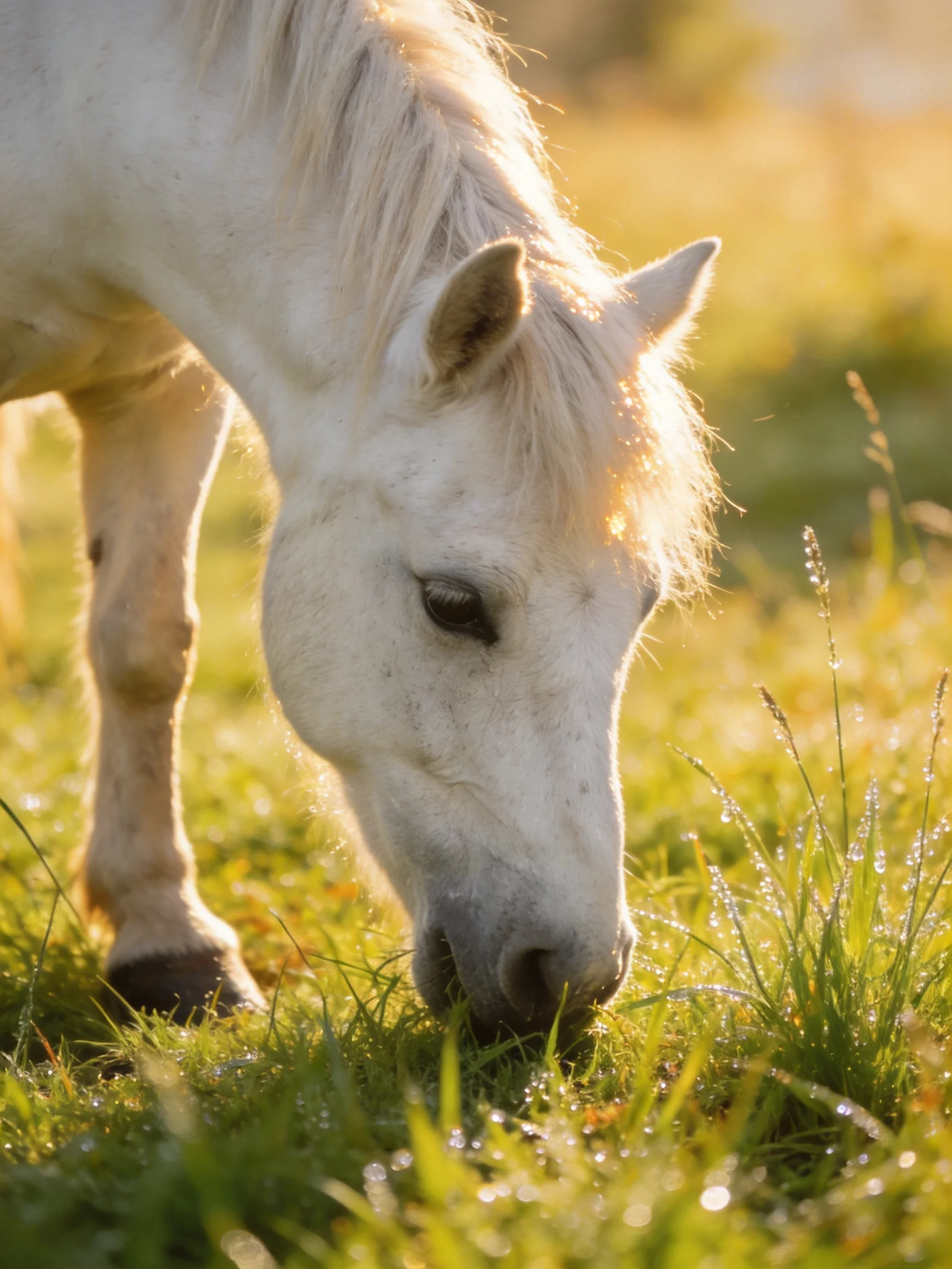 A white pony grazes in dewy green meadow under golden sunlight