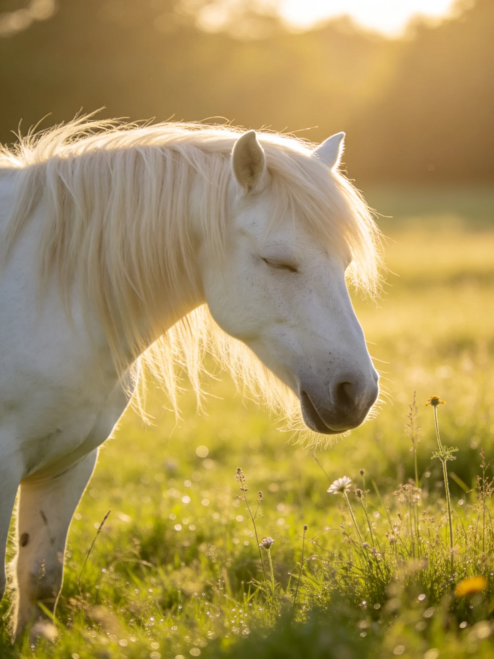 A white pony grazing in a sun-drenched green meadow