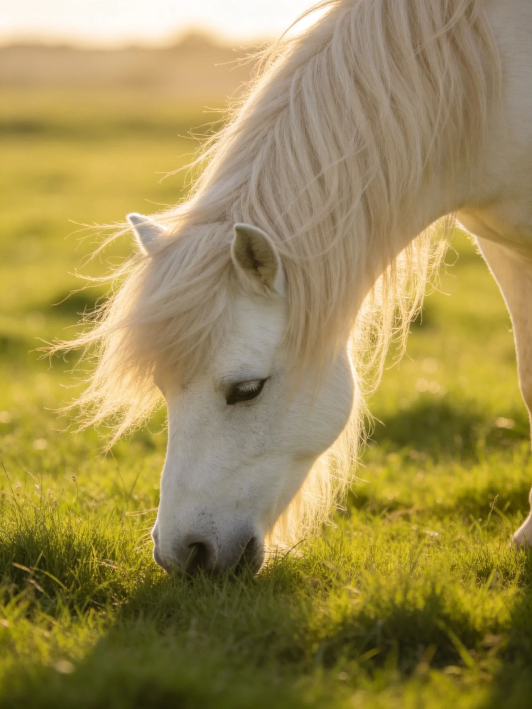 A white pony grazing in a sunlit green pasture