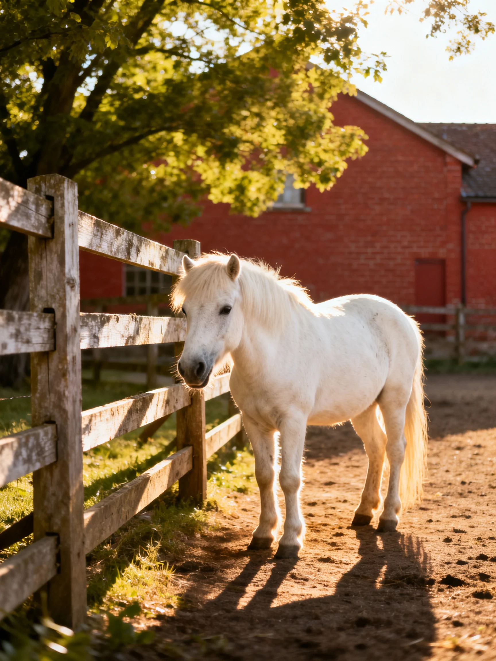 A white pony near a weathered wooden fence by a red barn