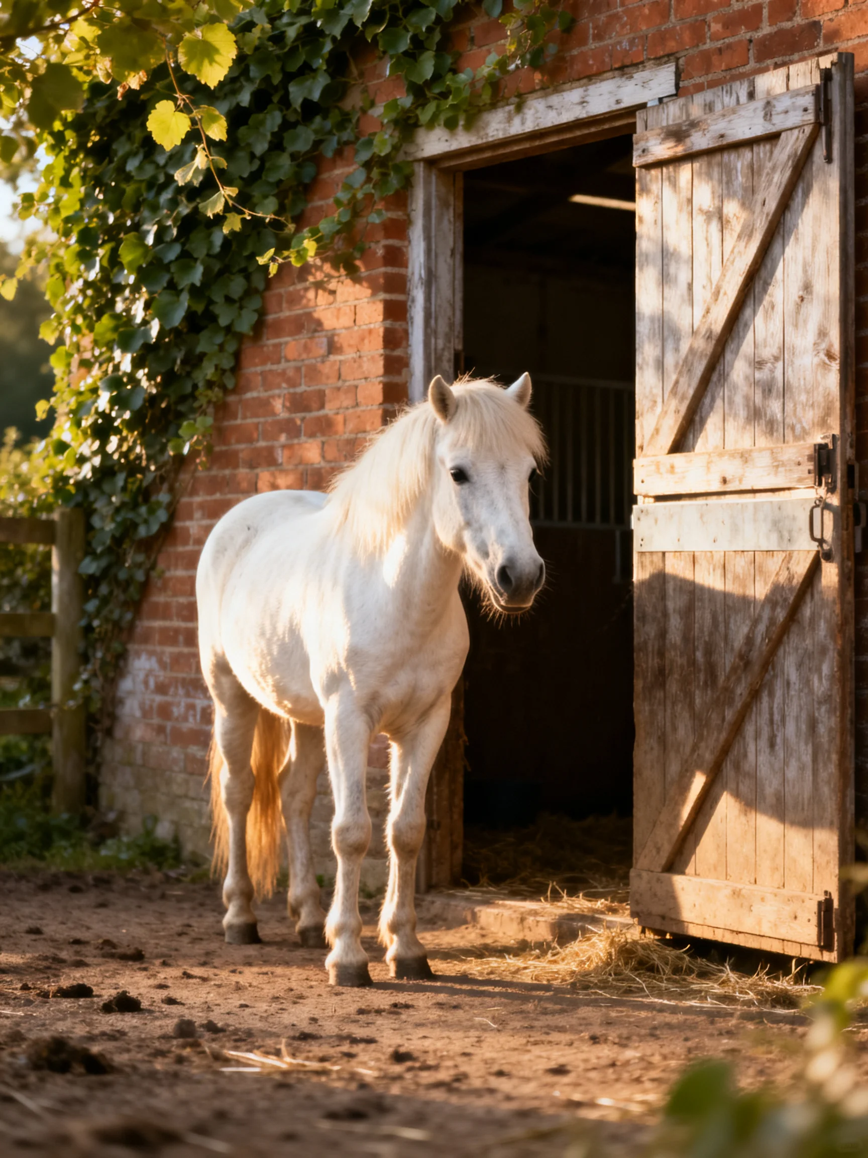 A white pony near an old brick barn with open wooden doors