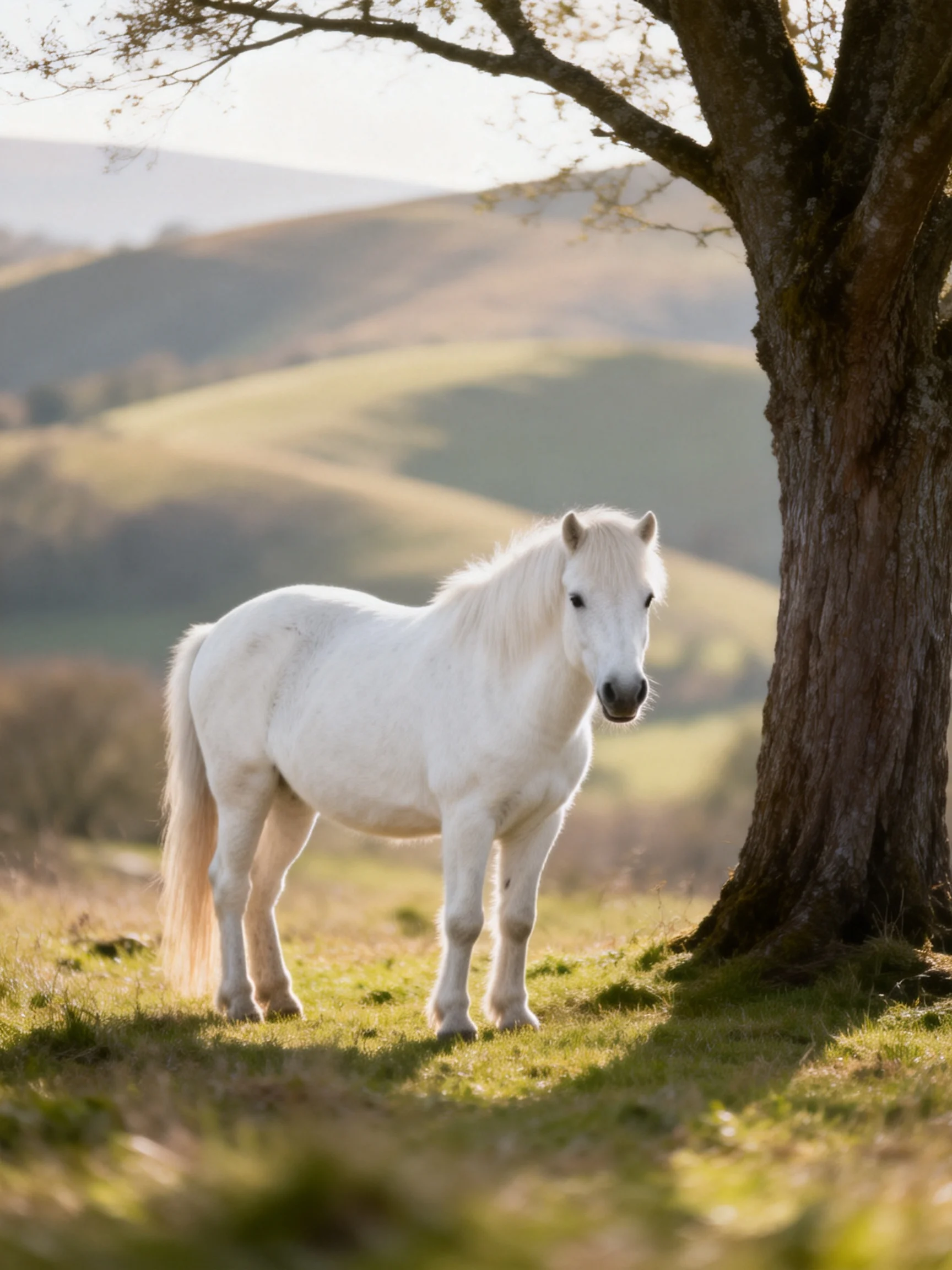 A white pony stands by a large tree in a sunlit countryside