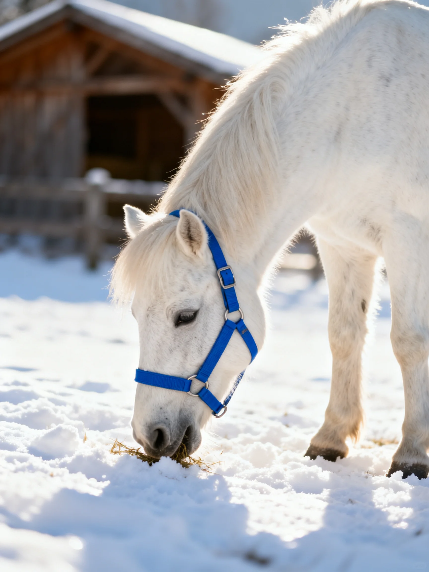 A white pony with a blue halter eats hay in a snowy field near a wooden barn
