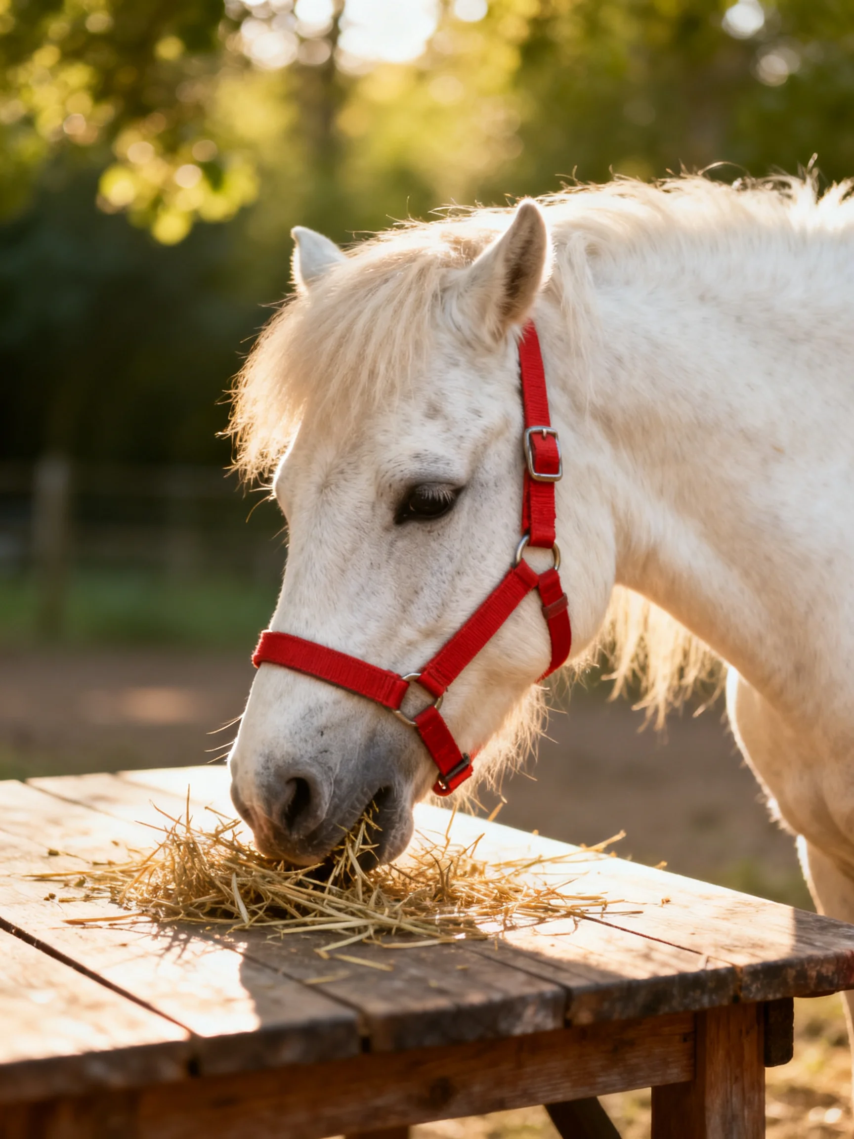 A white pony with a bright red halter eats hay on a wooden table