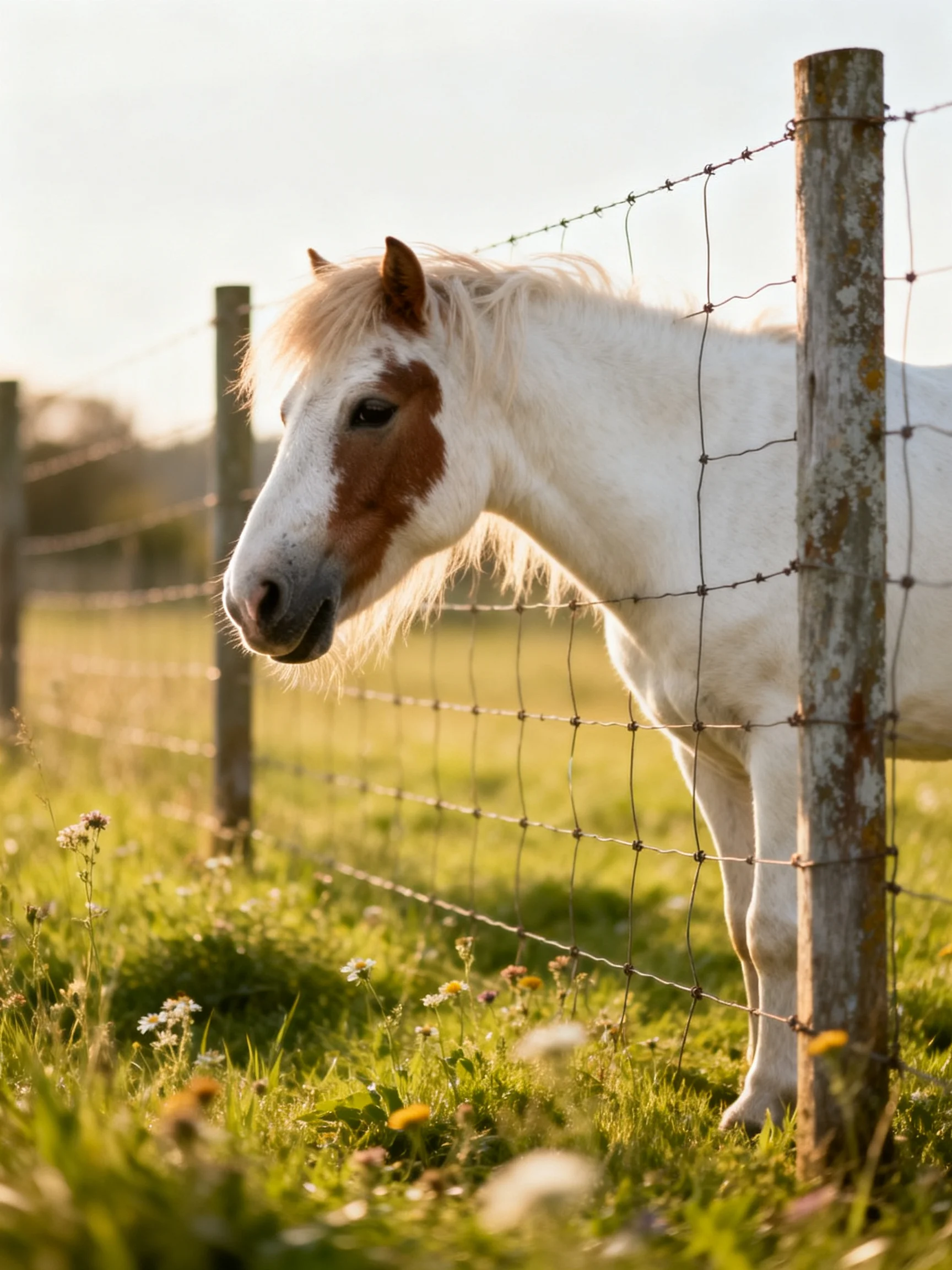A white pony with brown markings near a wire fence in a sunlit meadow