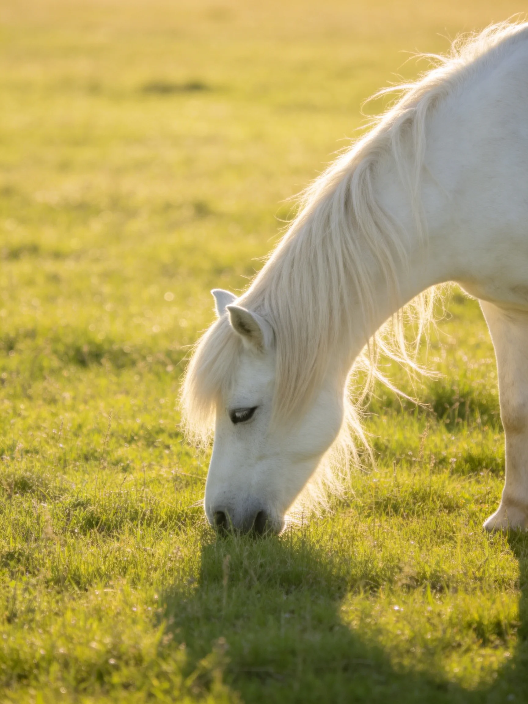 A white pony with flowing mane grazes in sunlit green field