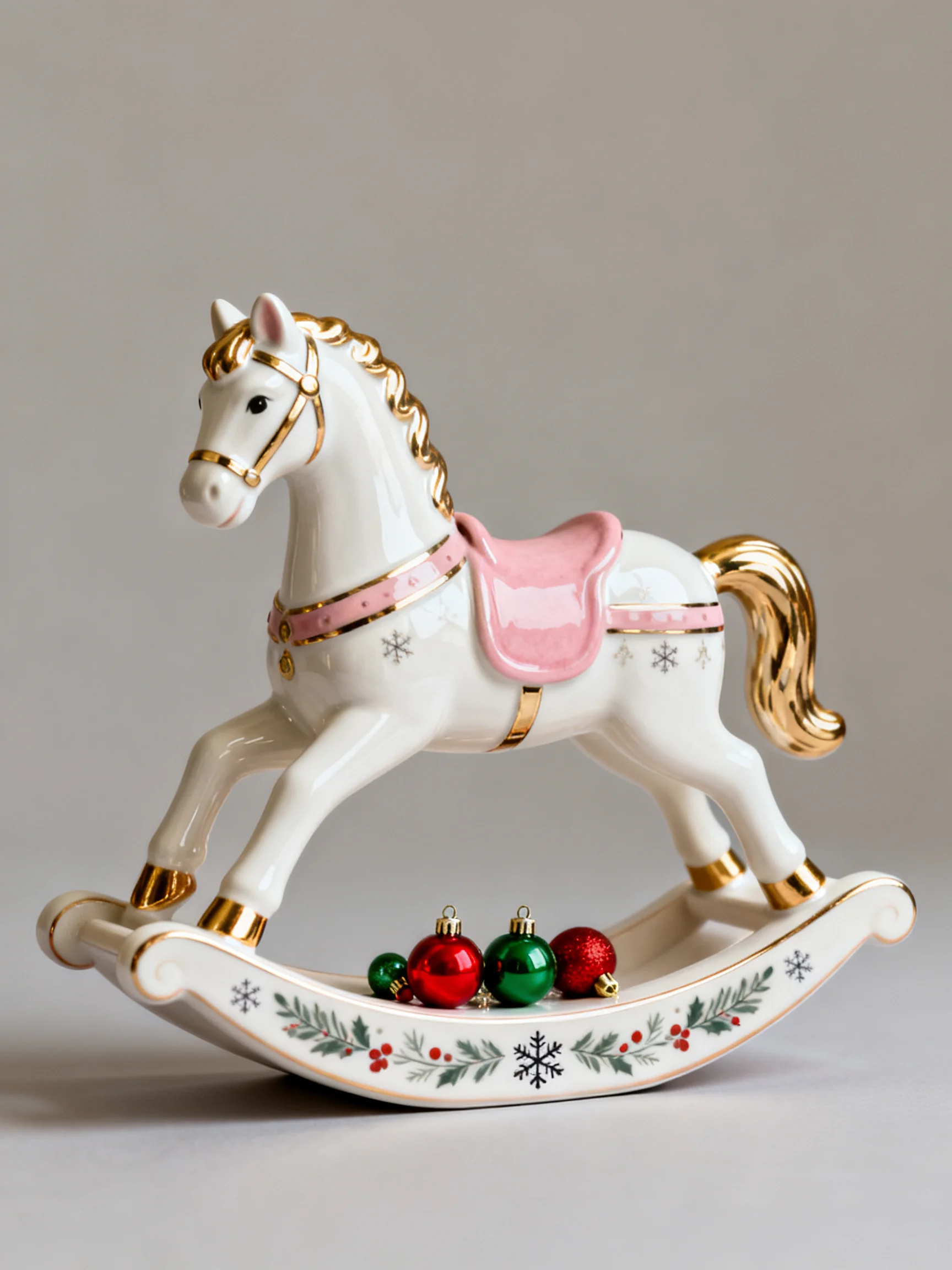 A white porcelain rocking horse with pink saddle, gold accents, and holiday decorations