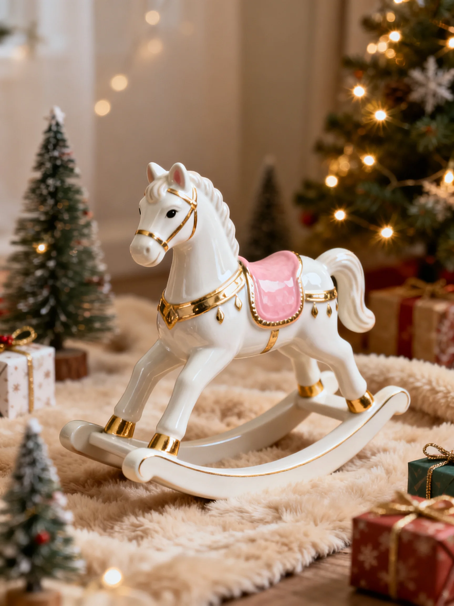 A white porcelain rocking horse with pink saddle near Christmas decor