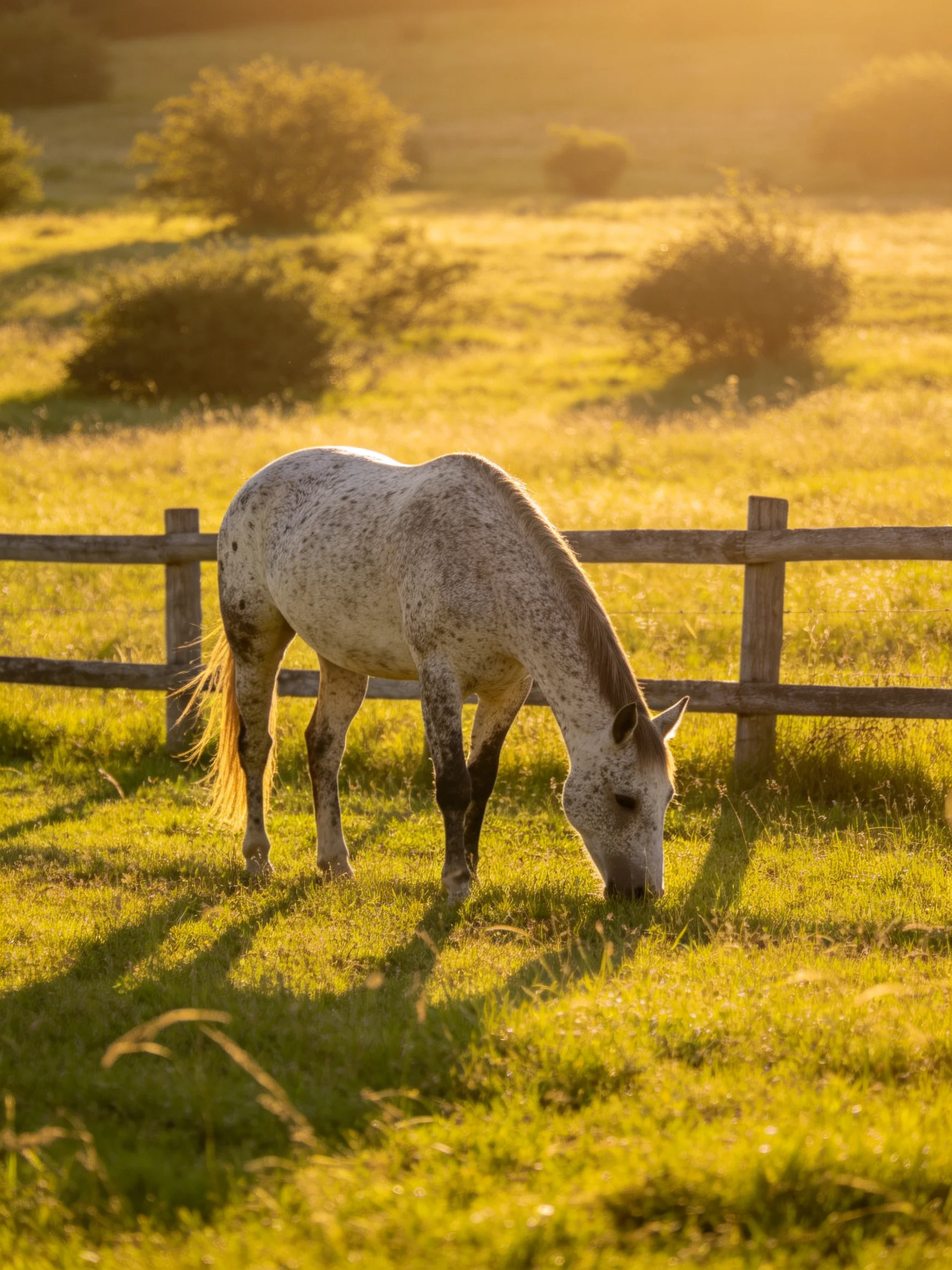 A white speckled horse grazes in a golden-lit pasture with a wooden fence
